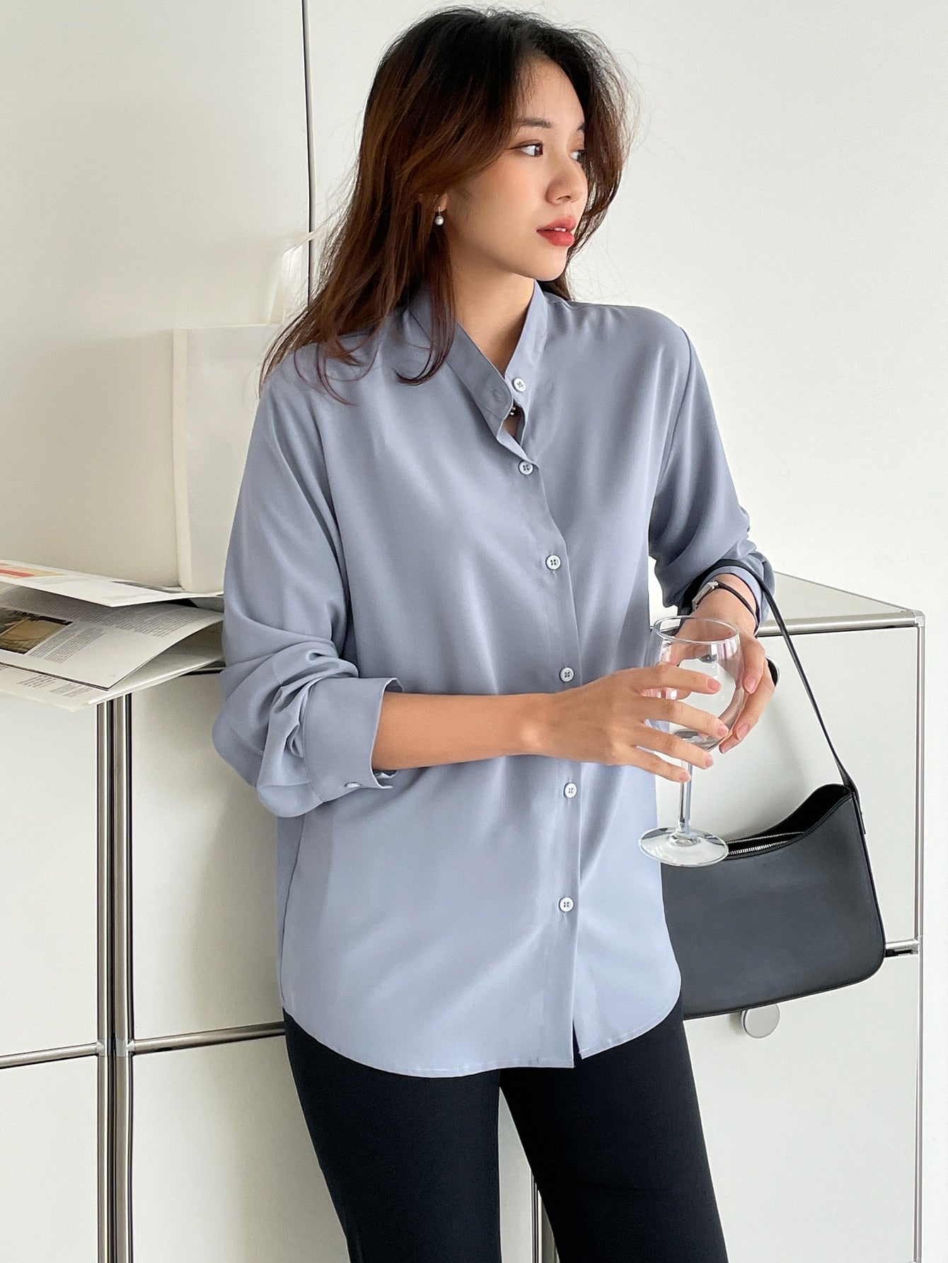 Solid Button Front Blouse