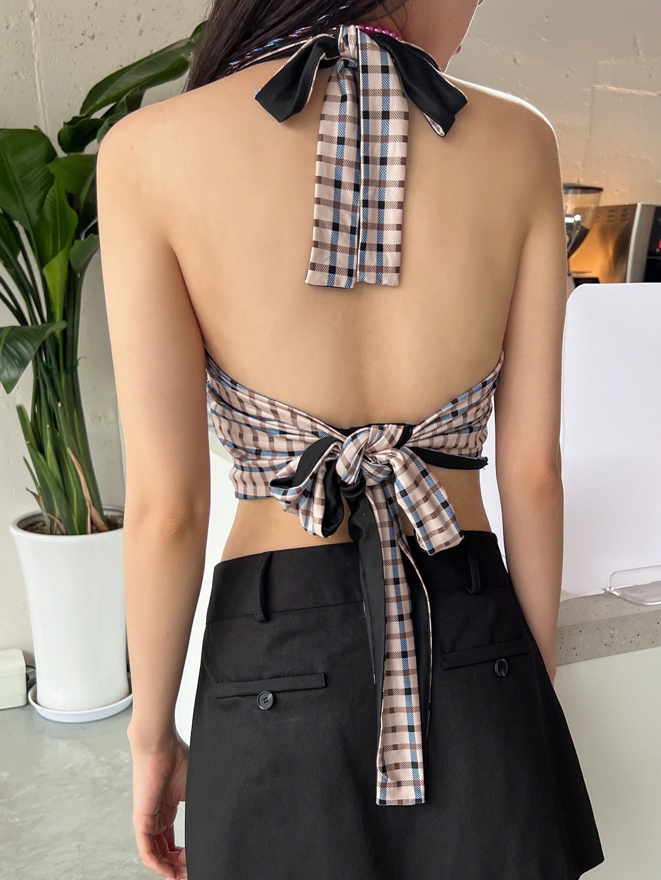 Plaid Drawstring Front Backless Knot Halter Top