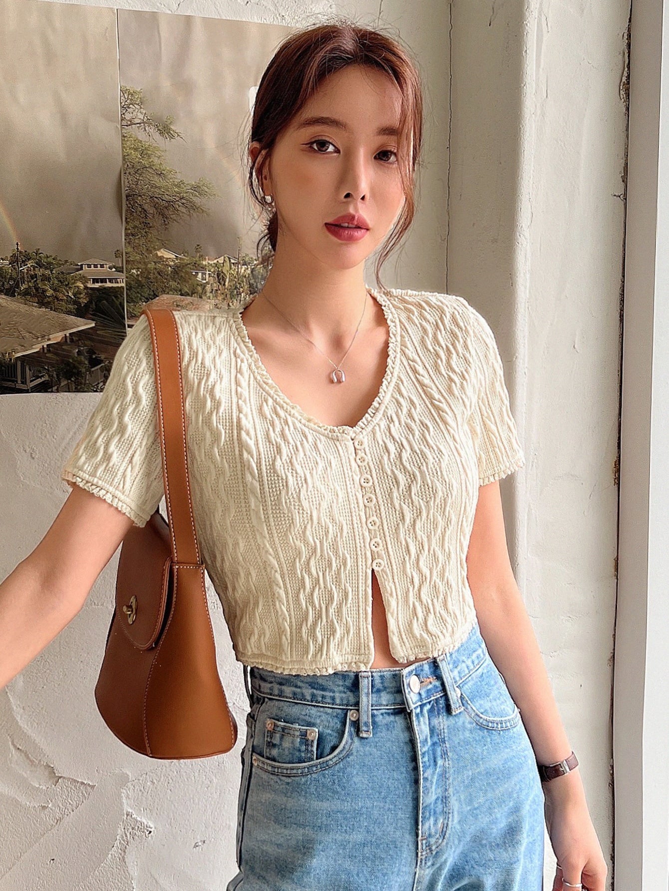 Button Front Lace Trim Cable Knit Tee