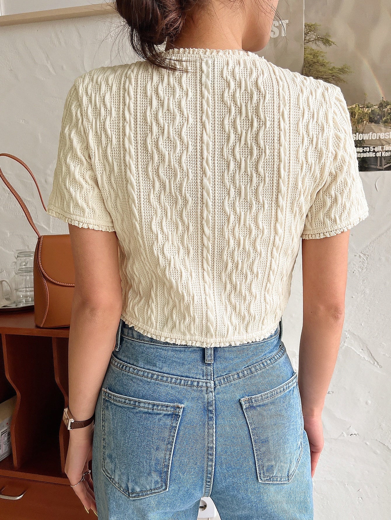 Button Front Lace Trim Cable Knit Tee
