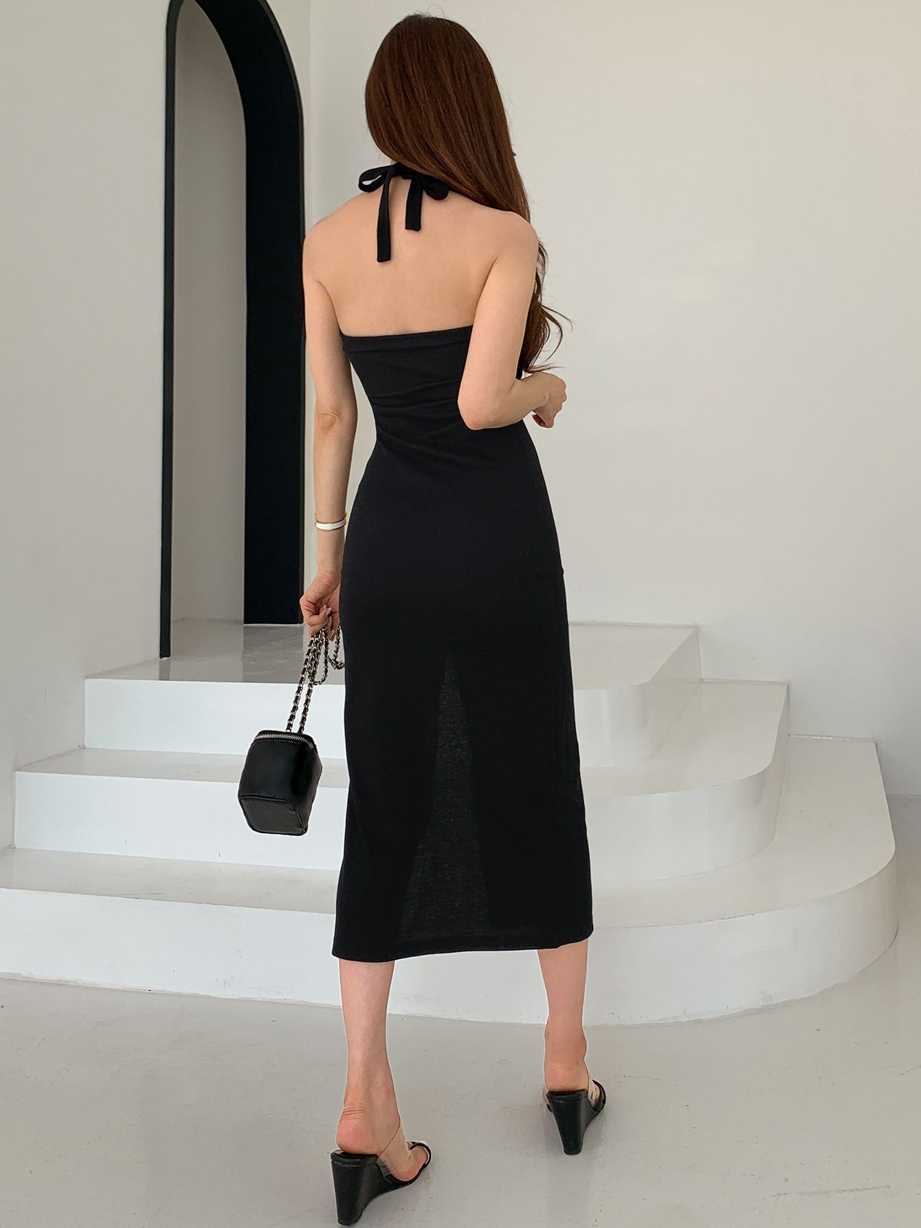 Solid Split Thigh Tie Backless Dress