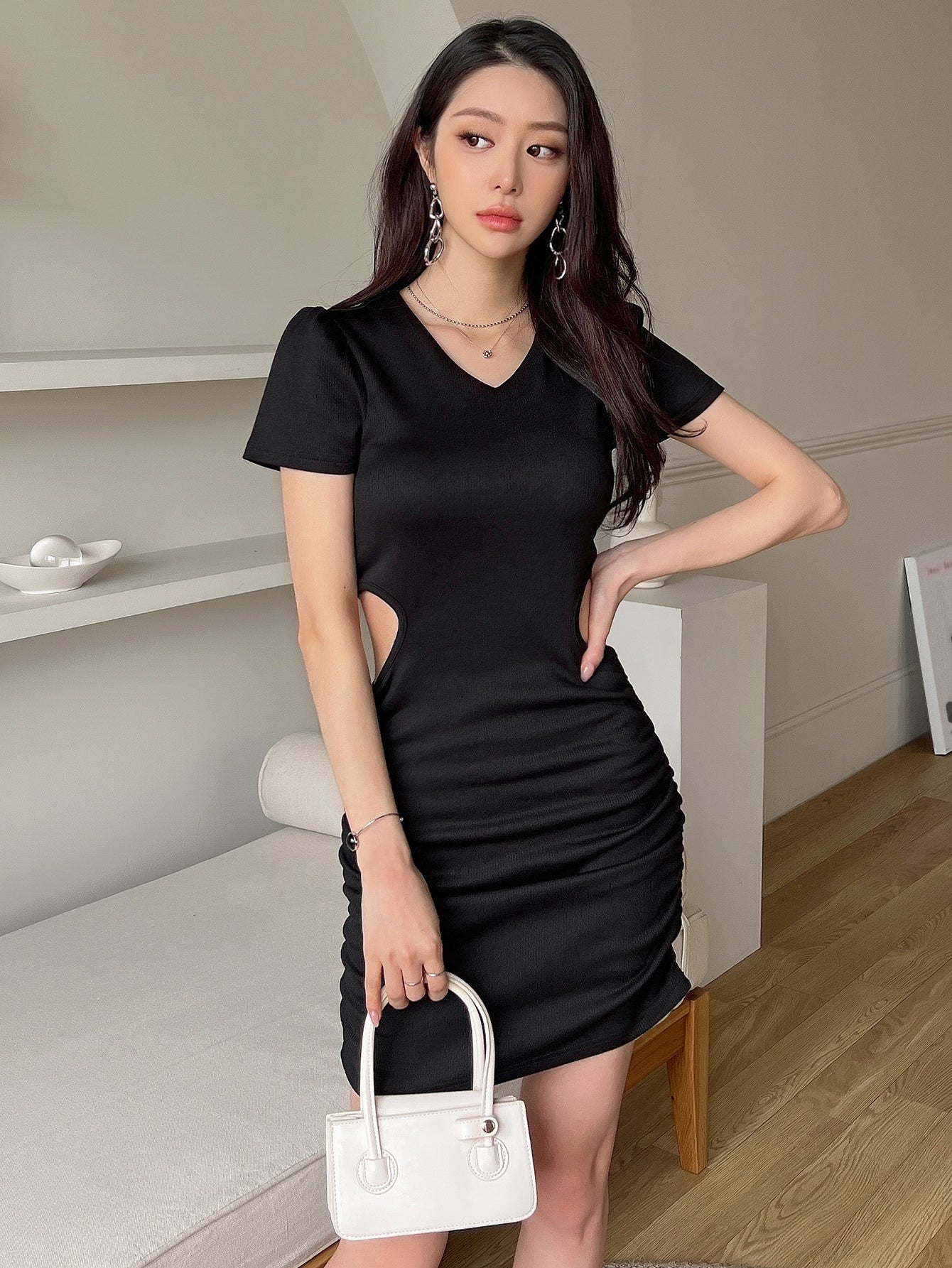 Ruched Cut Out Rib Knit Puff Sleeve Dress