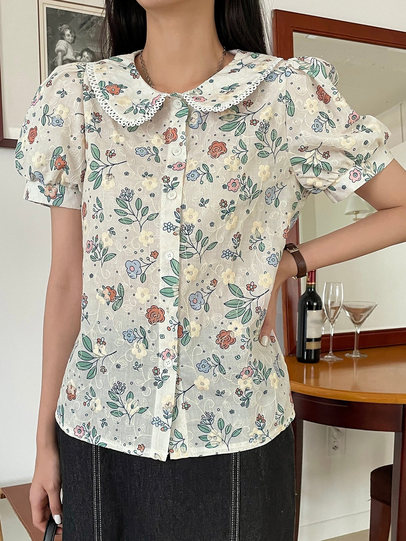 Floral Embroidery Peter Pan Collar Puff Sleeve Blouse