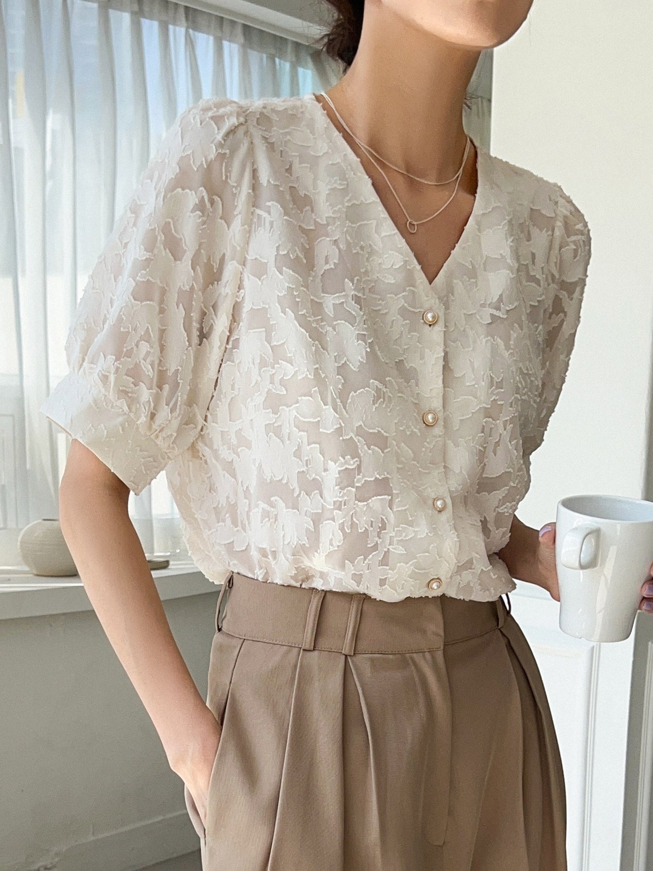 Textured Button Front Puff Sleeve Blouse