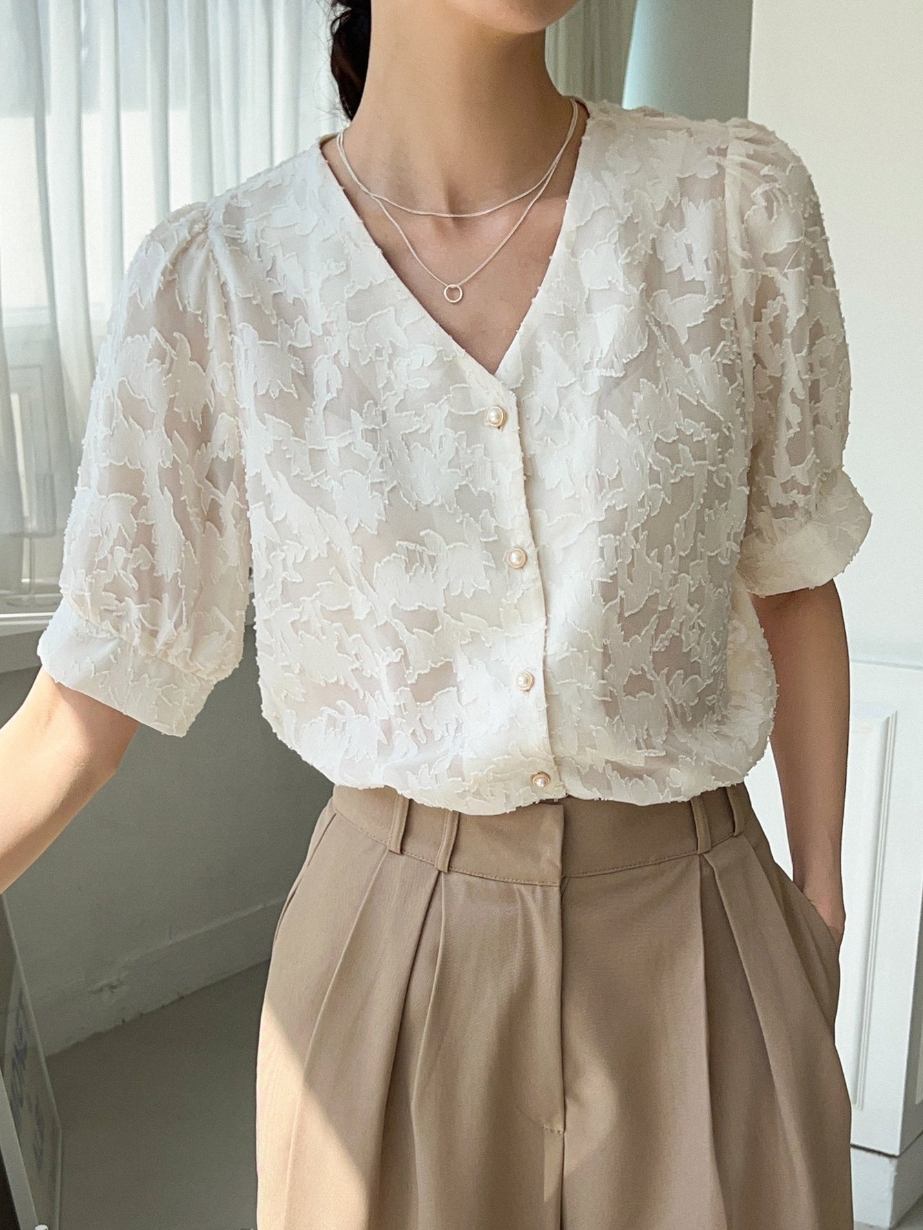 Textured Button Front Puff Sleeve Blouse