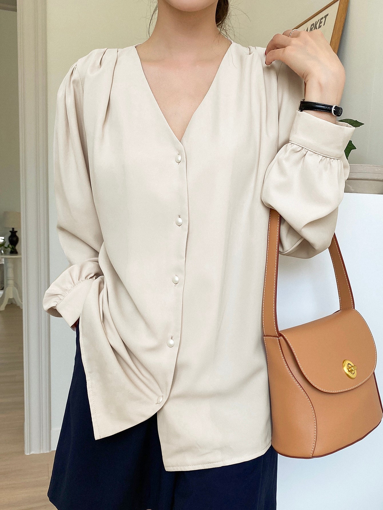 Bishop Sleeve Button Front Blouse