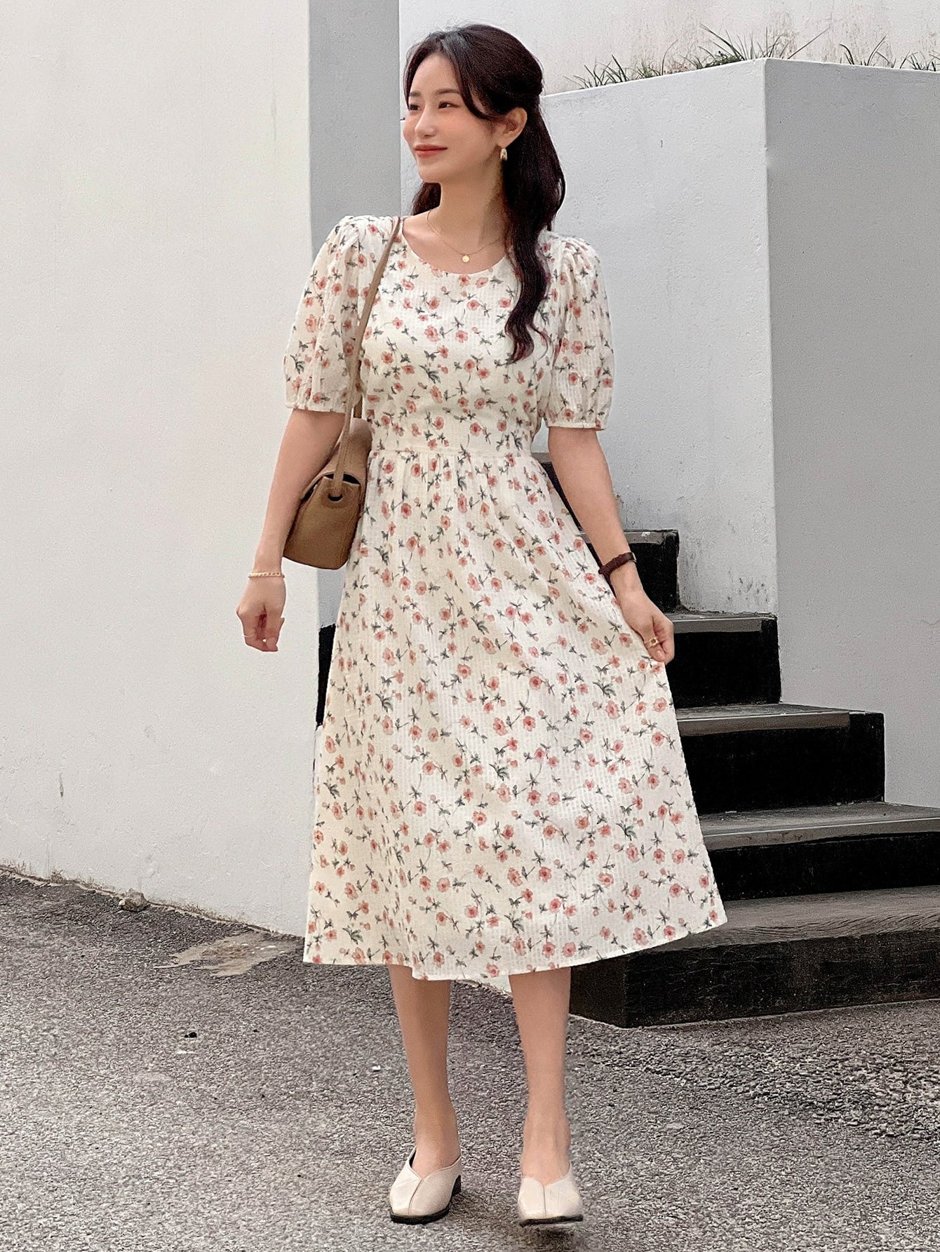 Allover Floral Print Puff Sleeve Tie Back Dress