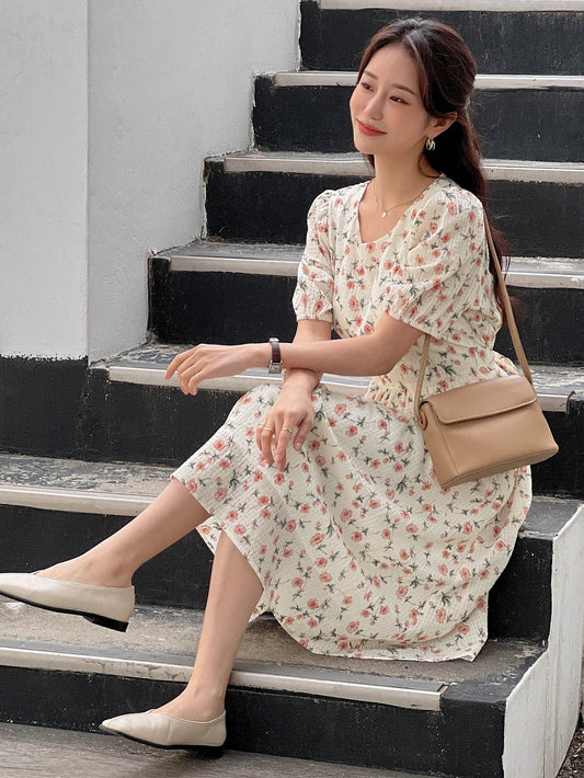 Allover Floral Print Puff Sleeve Tie Back Dress