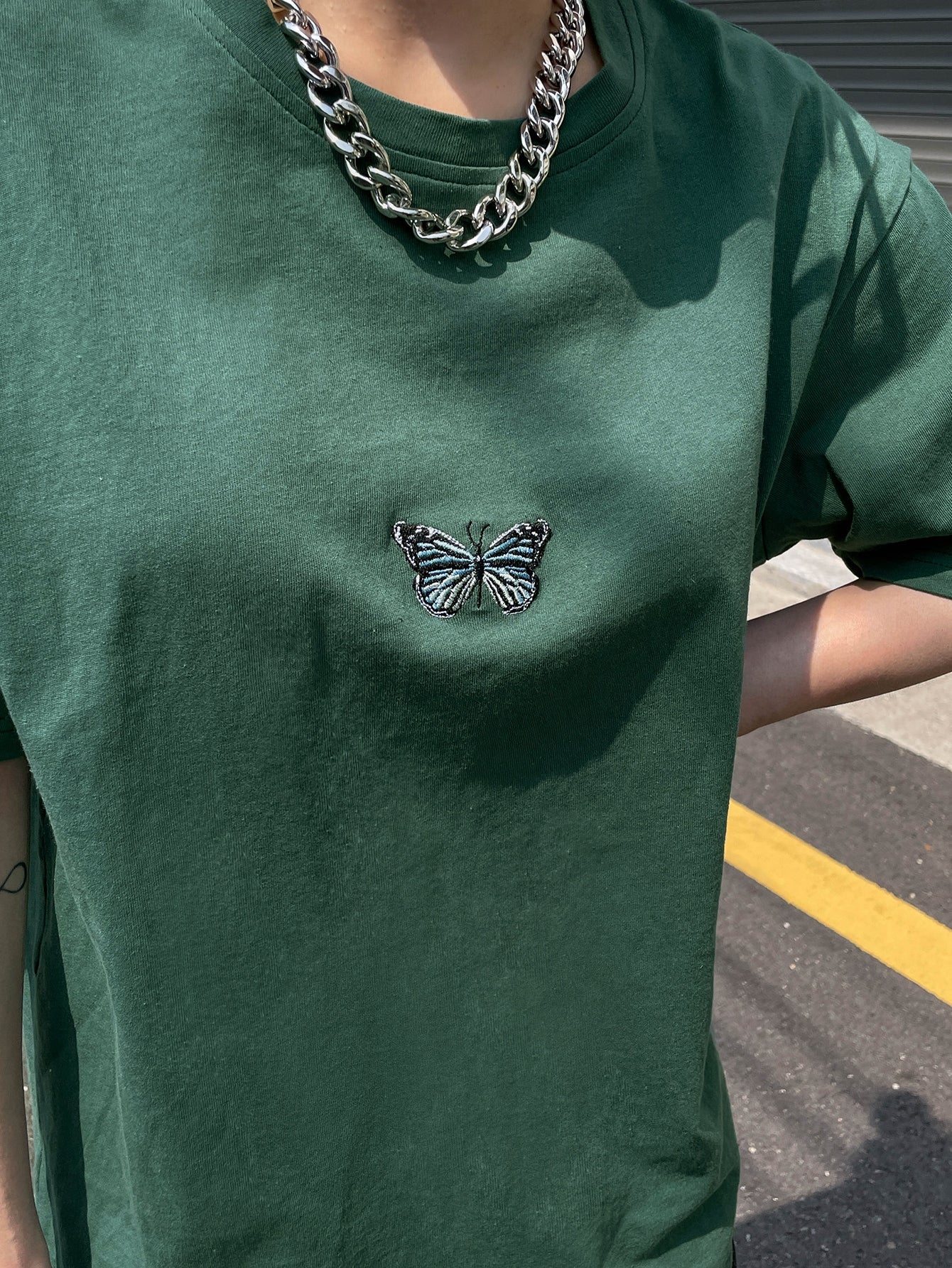 Butterfly Embroidery Drop Shoulder Tee