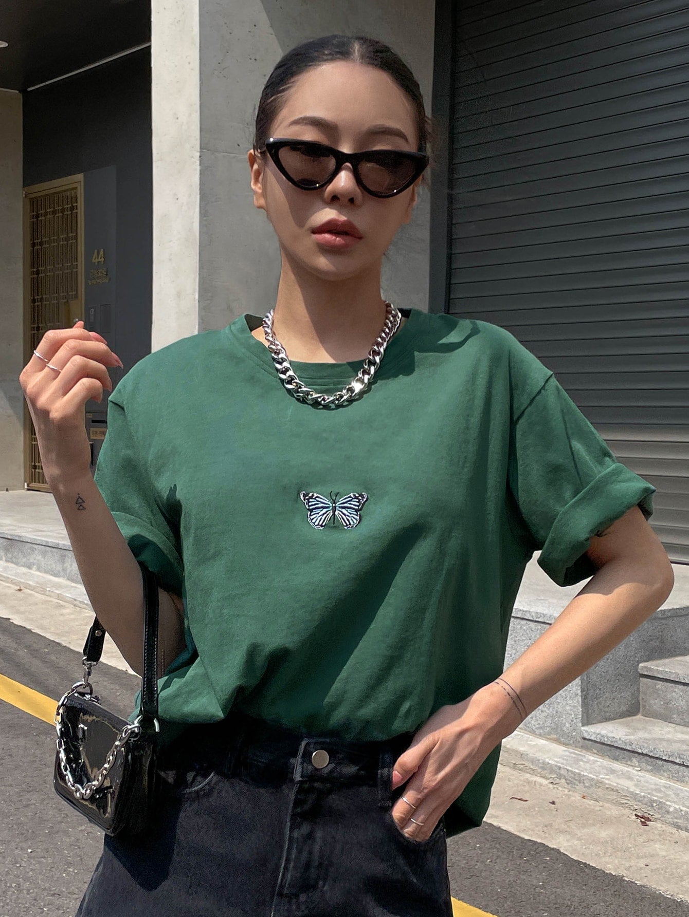 Butterfly Embroidery Drop Shoulder Tee