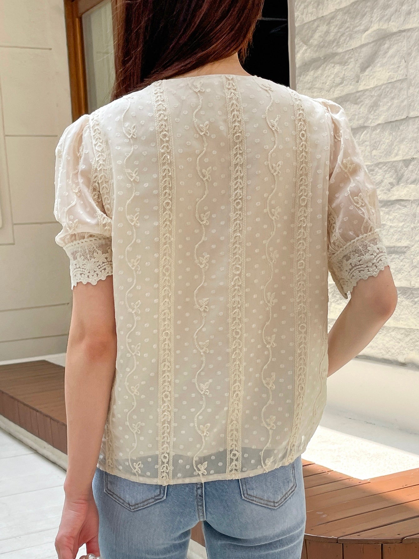 Swiss Dot Floral Embroidery Puff Sleeve Blouse