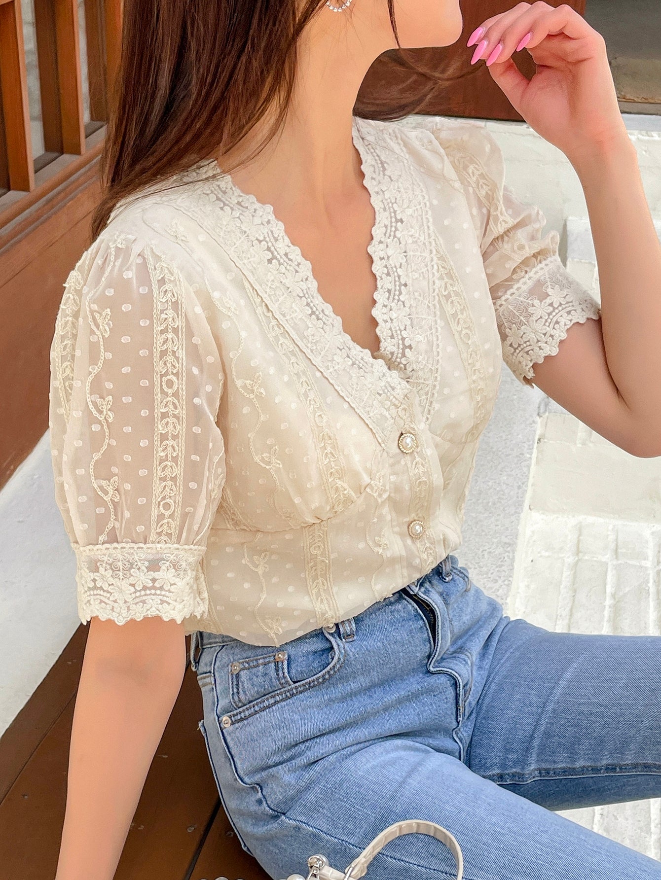 Swiss Dot Floral Embroidery Puff Sleeve Blouse