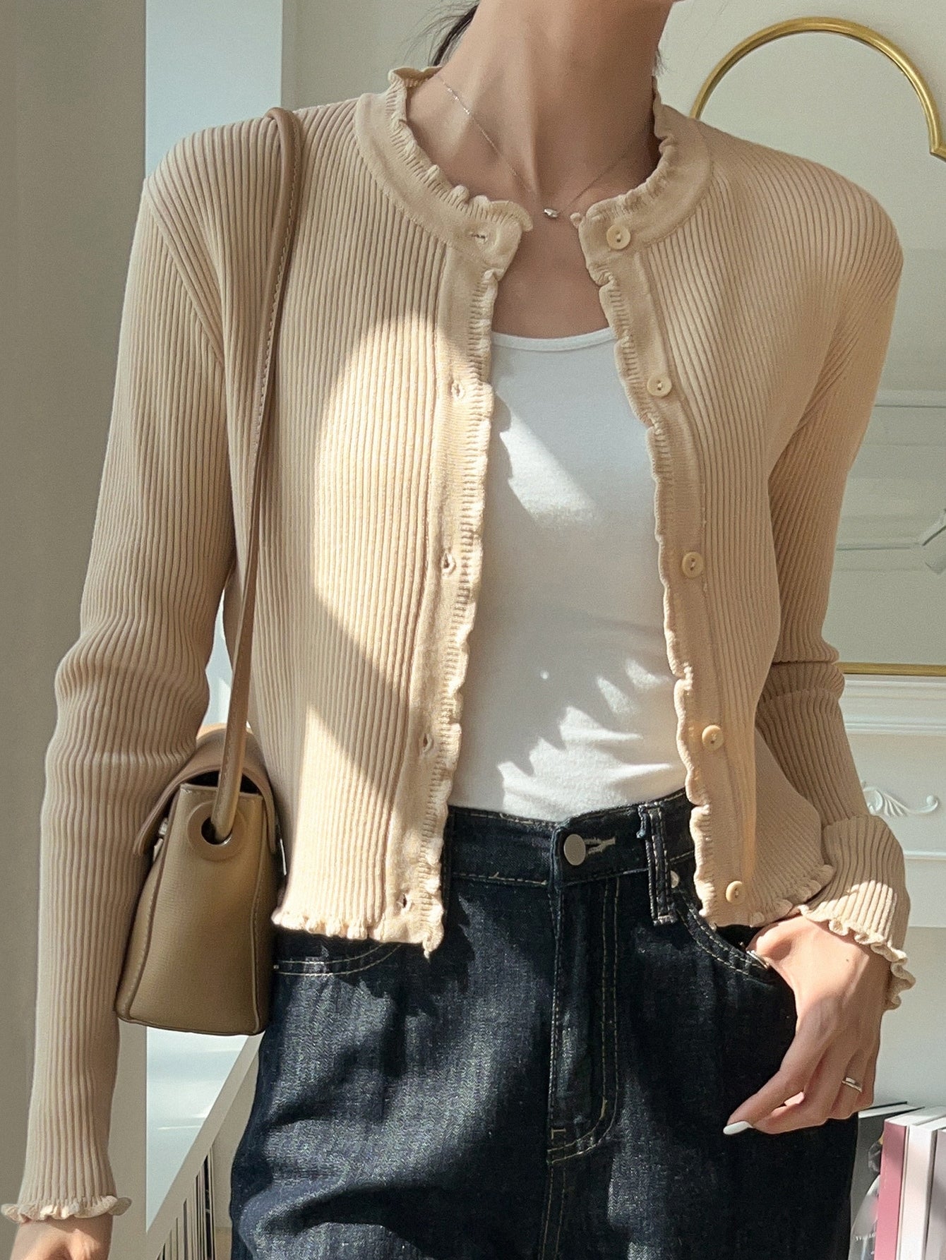 Lettuce Trim Ribbed Knit Button Front Cardigan