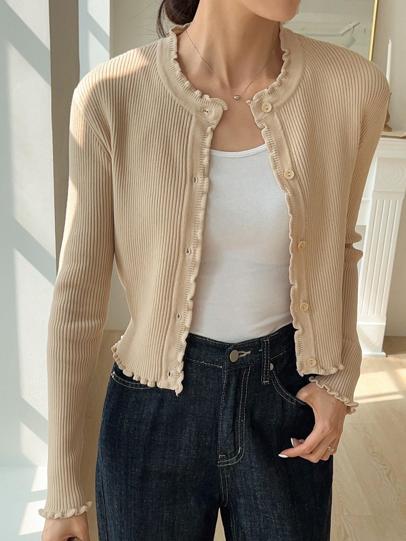 Lettuce Trim Ribbed Knit Button Front Cardigan