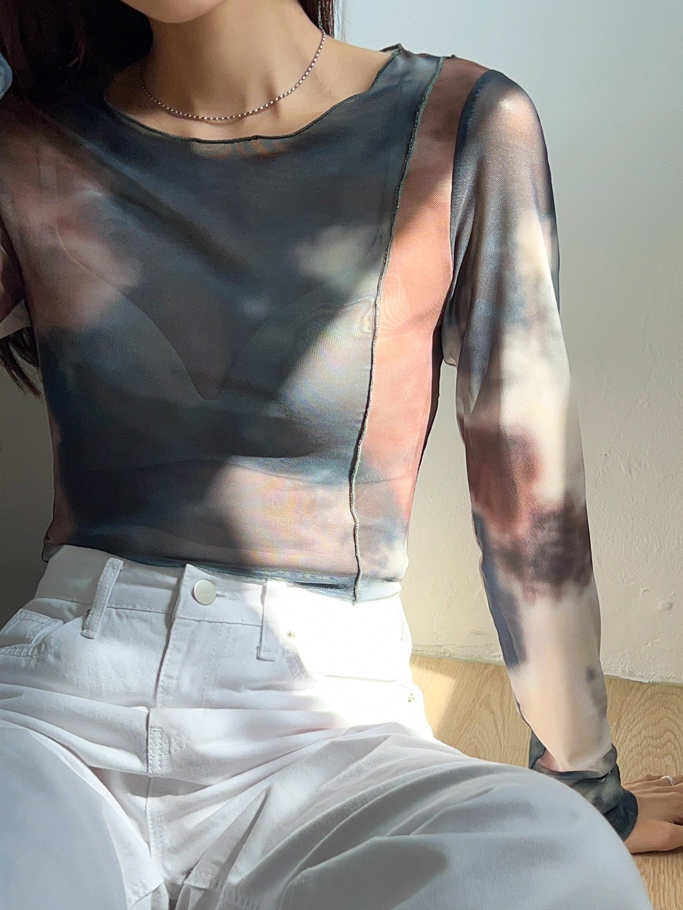 Tie Dye Top Stitching Mesh Top Without Bra