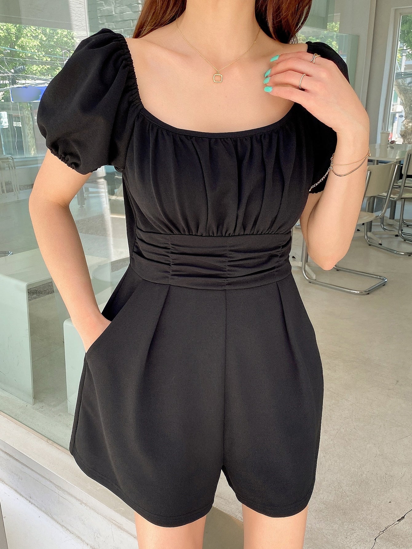 Ruched Bust Puff Sleeve Plicated Detail Romper