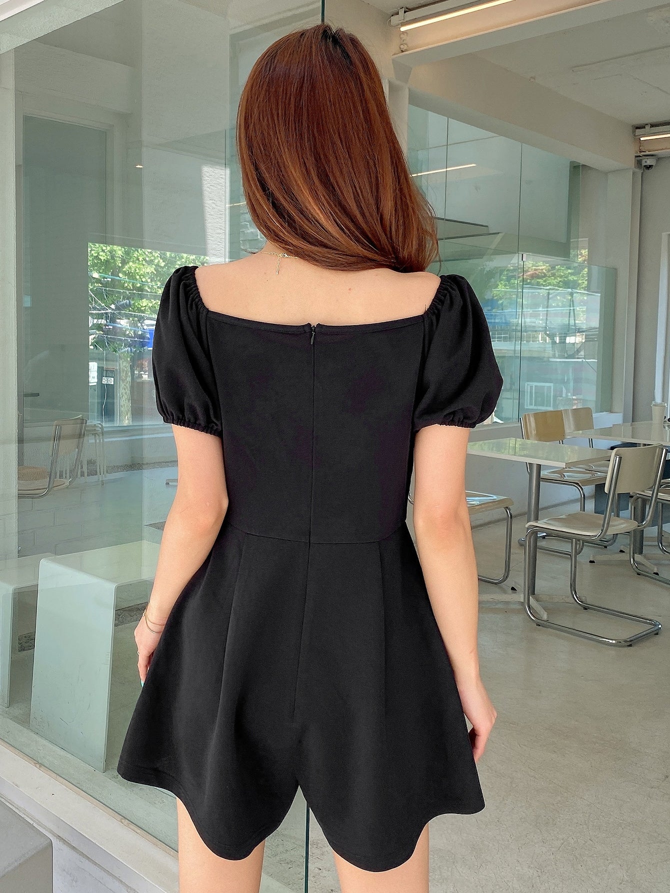 Ruched Bust Puff Sleeve Plicated Detail Romper