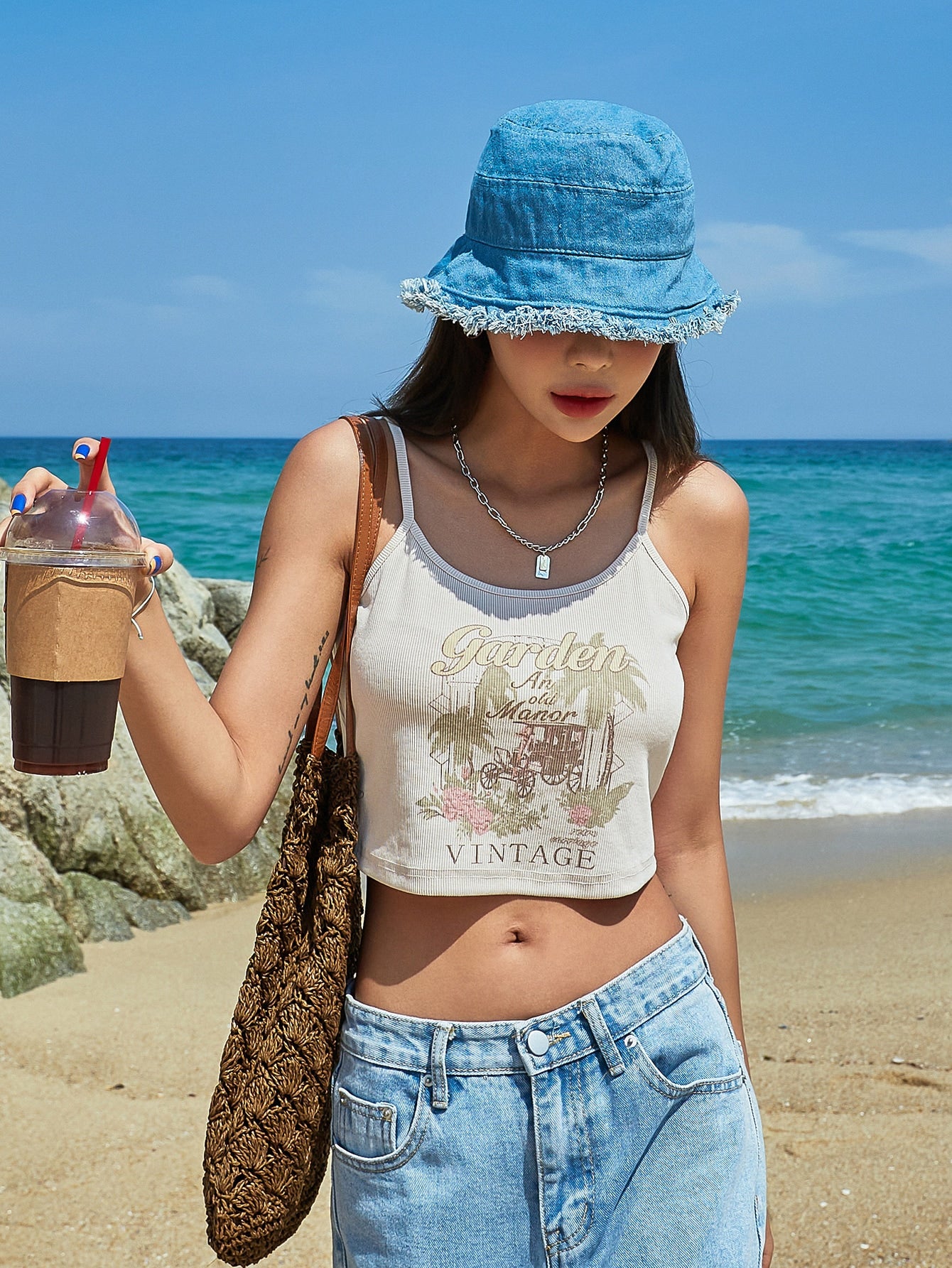 Floral & Letter Graphic Rib-knit Crop Cami Top