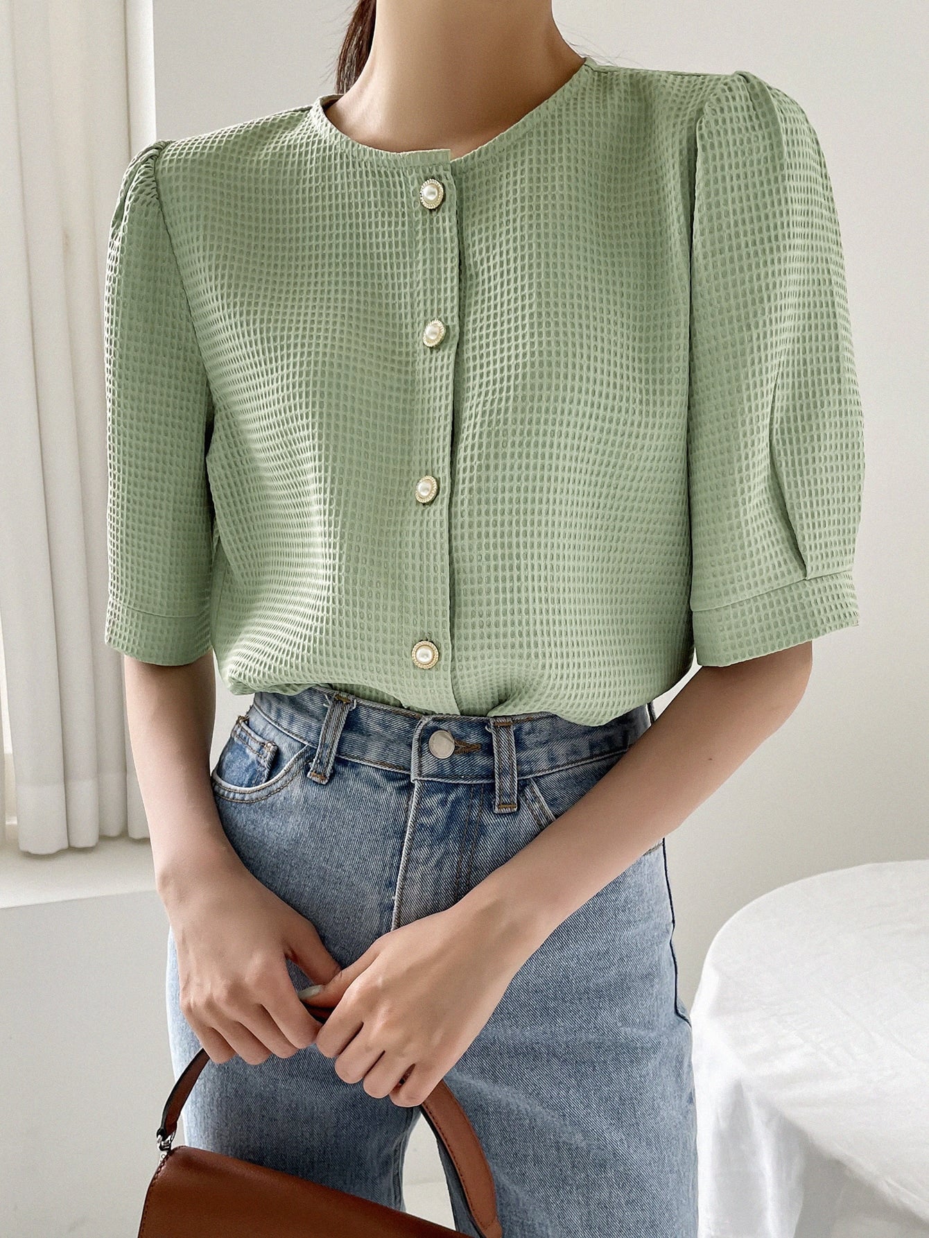 Puff Sleeve Waffle Textured Blouse