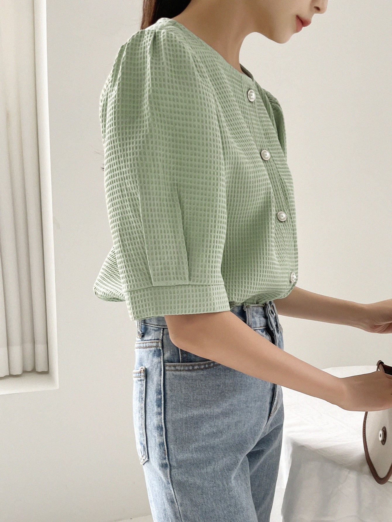Puff Sleeve Waffle Textured Blouse
