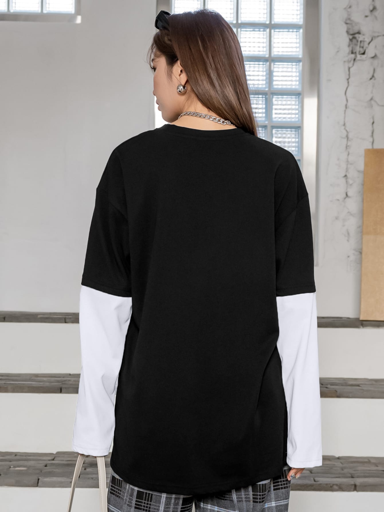 Letter Embroidery Color Block Drop Shoulder 2 In 1 Tee