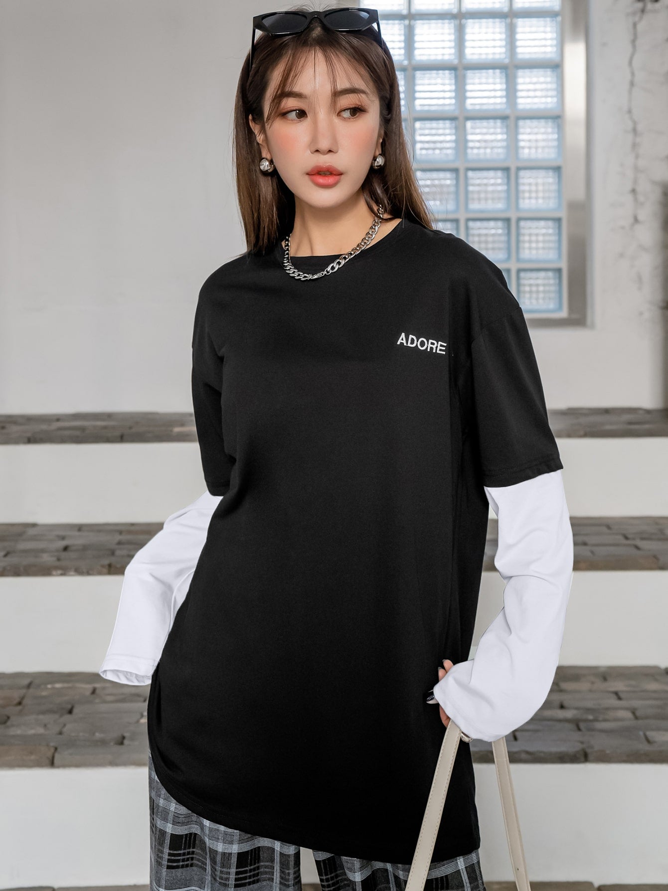 Letter Embroidery Color Block Drop Shoulder 2 In 1 Tee