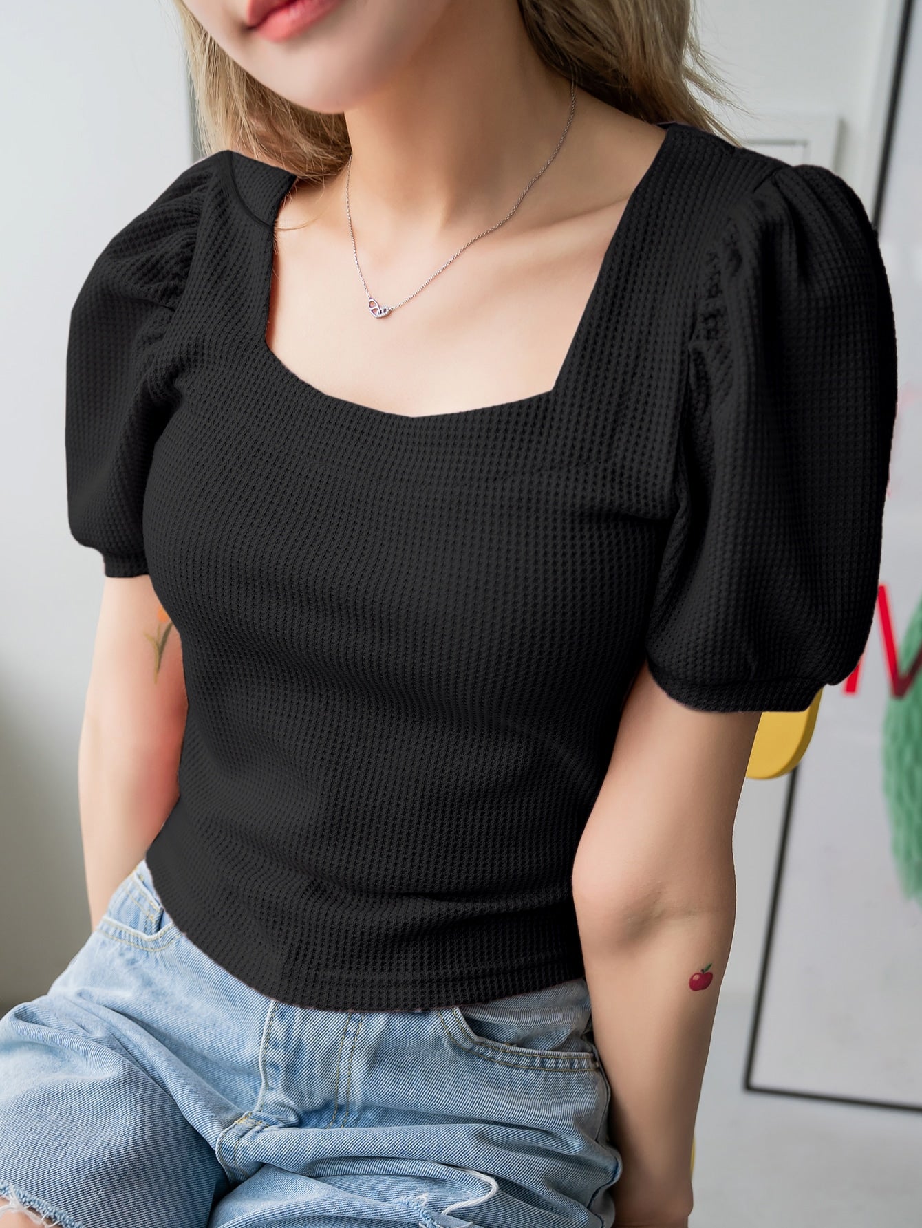 Puff Sleeve Square Neck Solid Tee