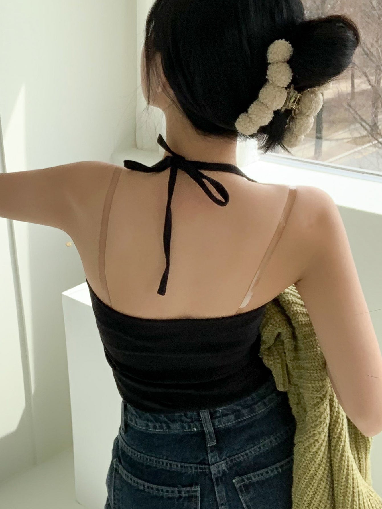 Solid Backless Ribbed Knit Halter Top
