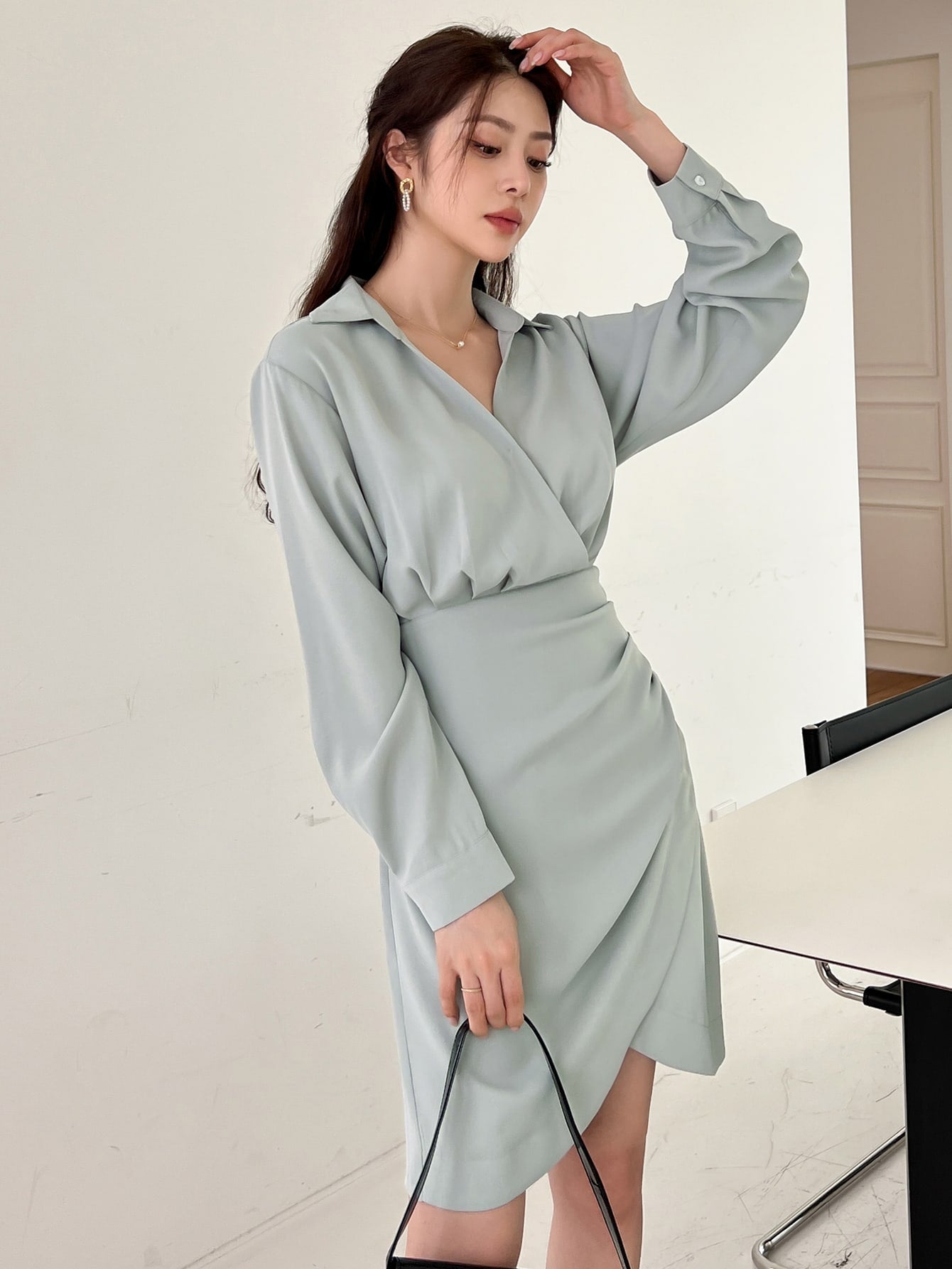 Solid Wrap Ruched Shirt Dress