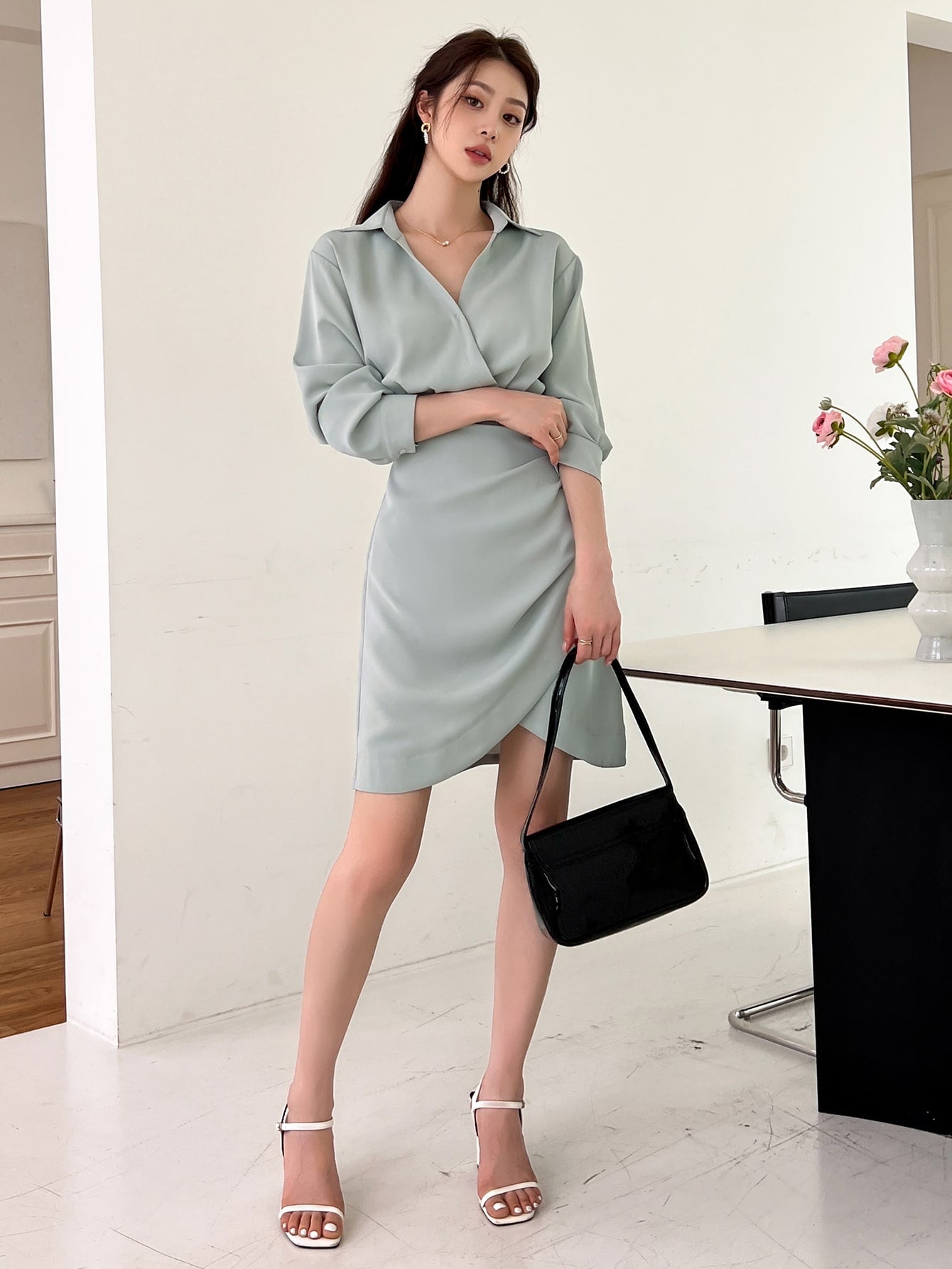 Solid Wrap Ruched Shirt Dress