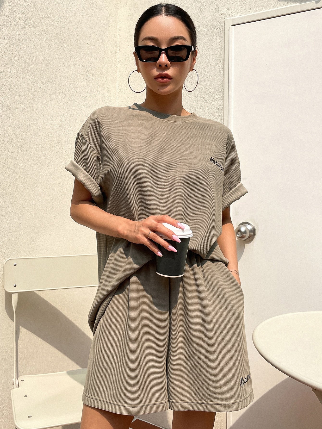 Letter Embroidery Drop Shoulder Tee & Shorts