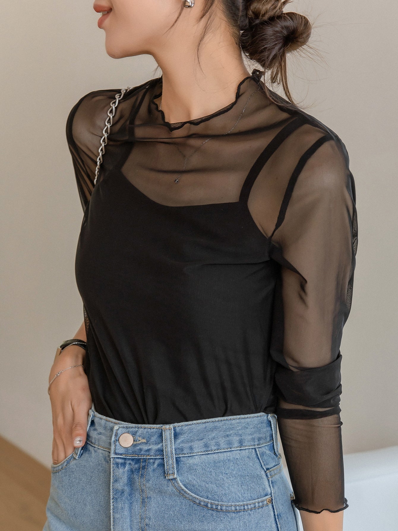 Lettuce Trim Mock Neck Mesh Top Without Cami Top
