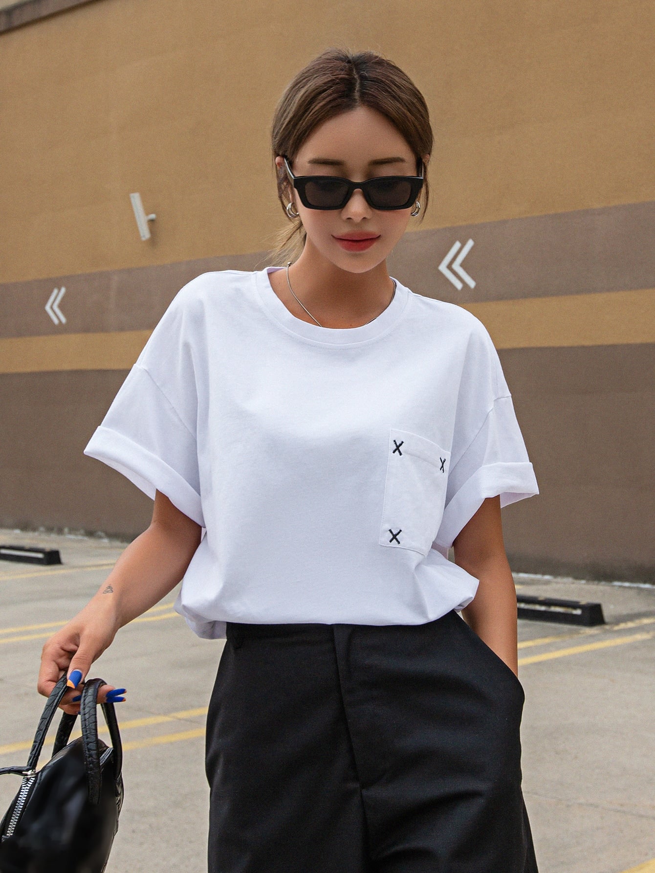 Embroidery Pocket Patched Drop Shoulder Tee