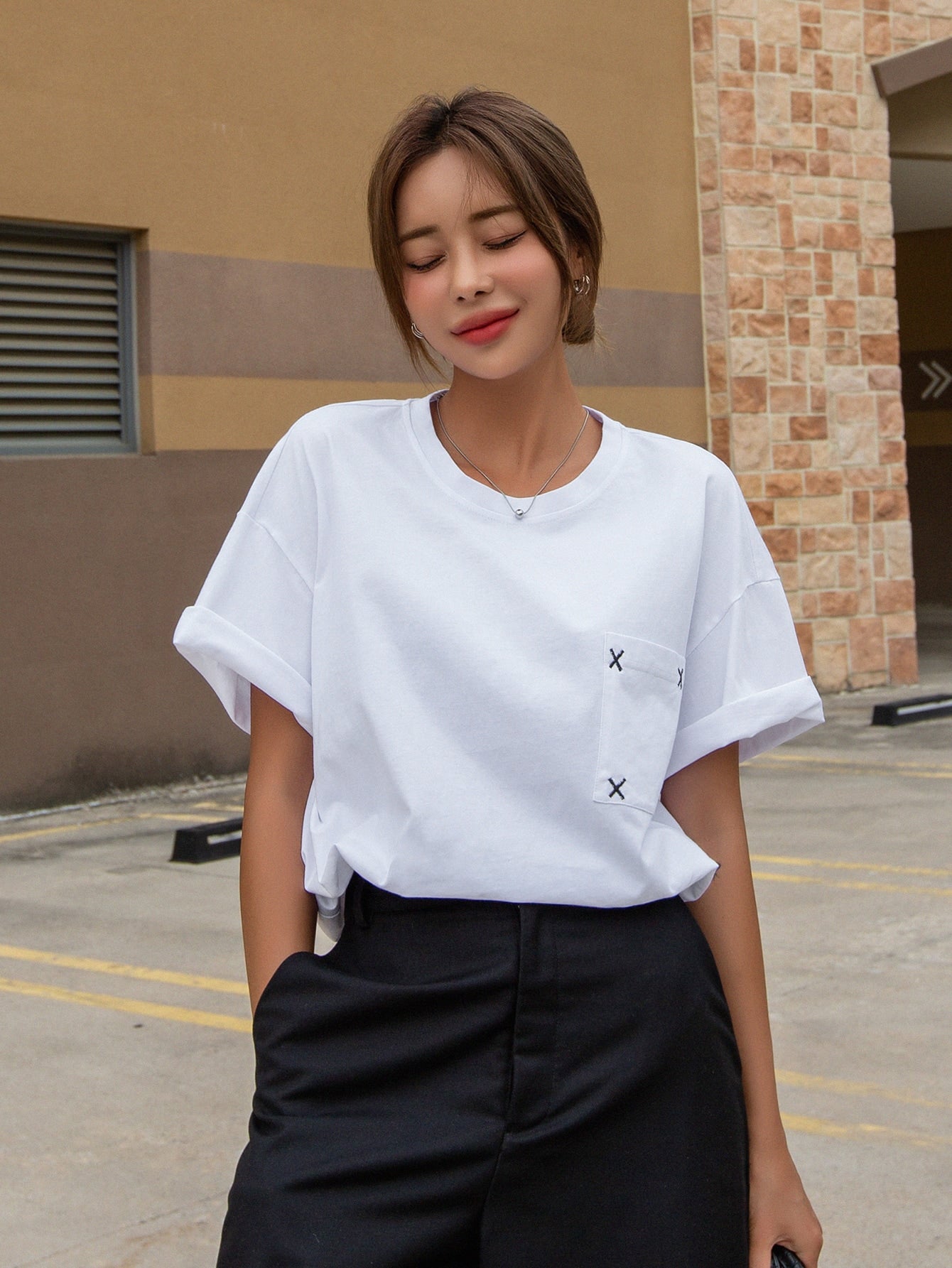 Embroidery Pocket Patched Drop Shoulder Tee