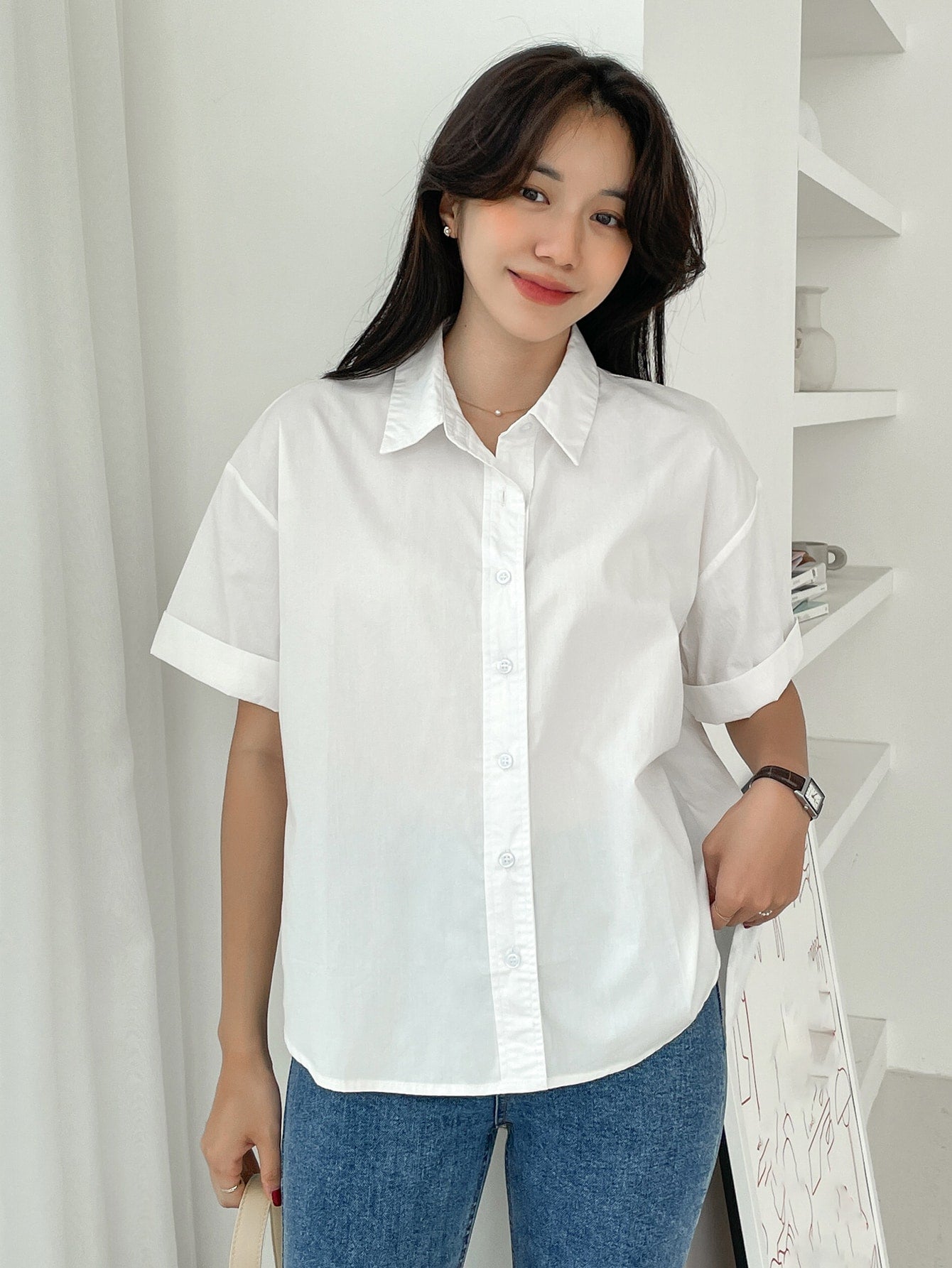Solid Roll Up Sleeve Shirt