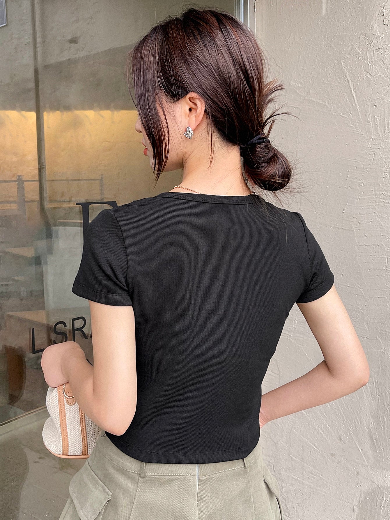 Ribbed Knit Notched Neck Tee