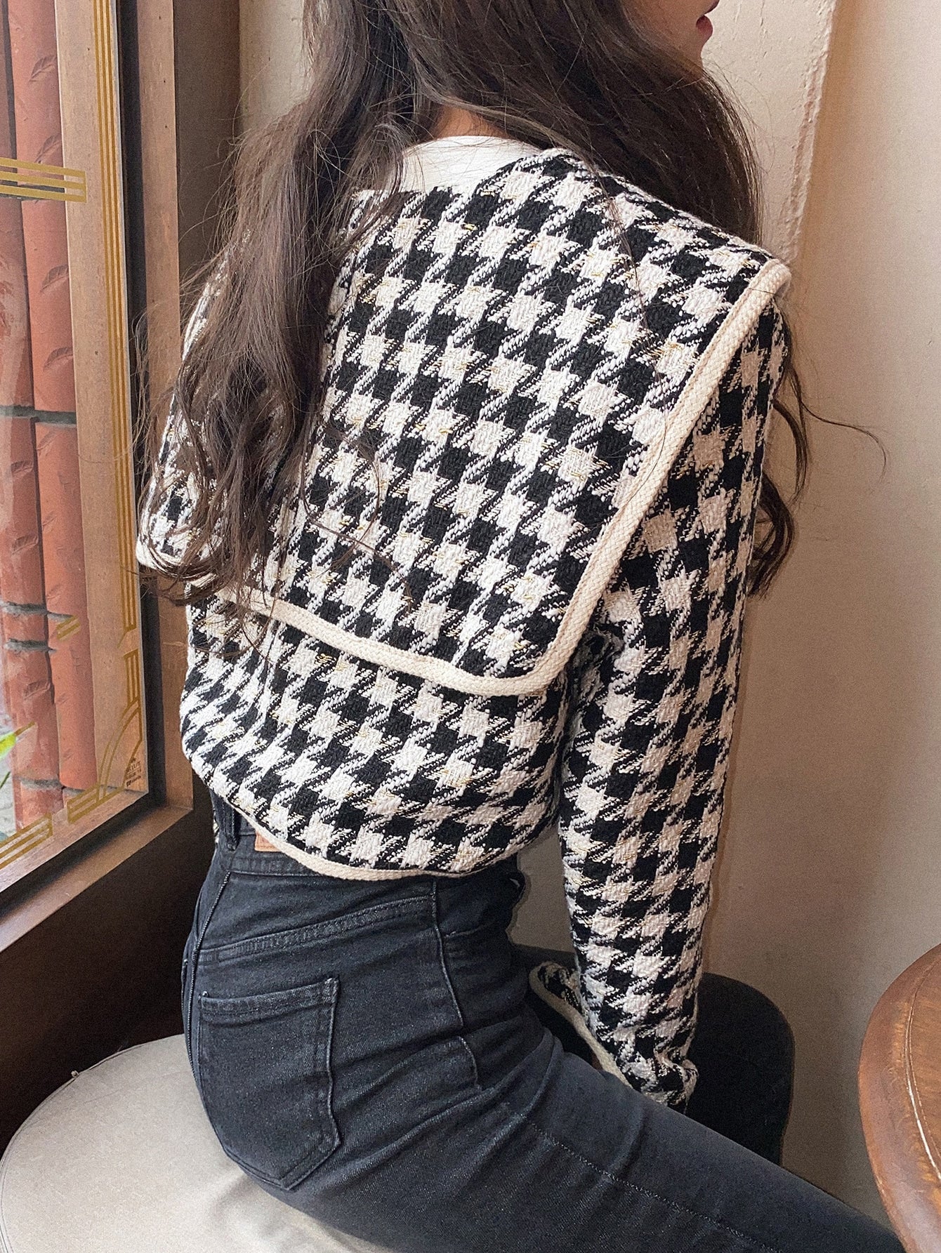 Houndstooth Print Sailor Collar Contrast Binding Jacket