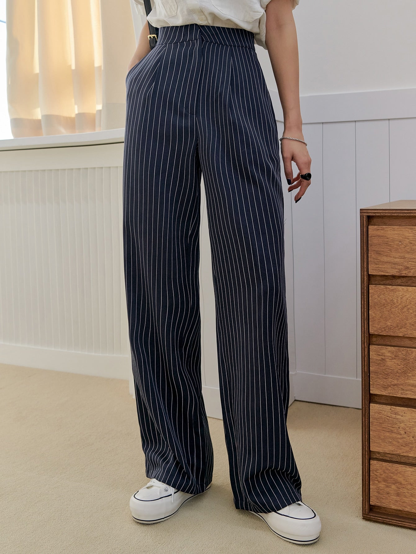 High Waist Vertical Striped Tailored Pants