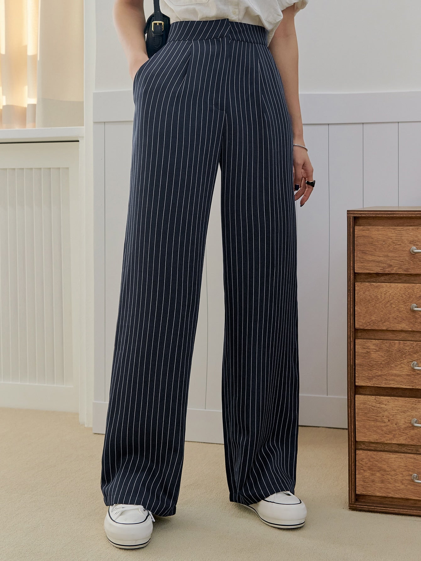 High Waist Vertical Striped Tailored Pants
