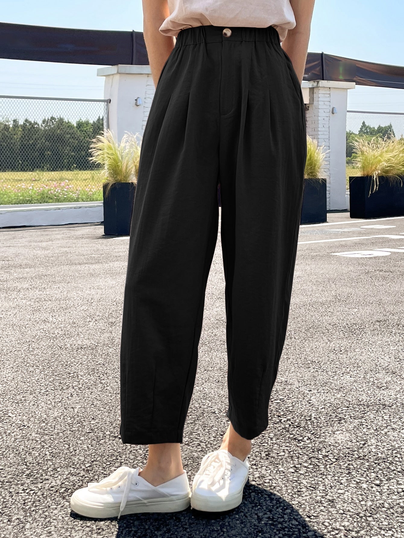 High Waist Plicated Detail Tapered Pants