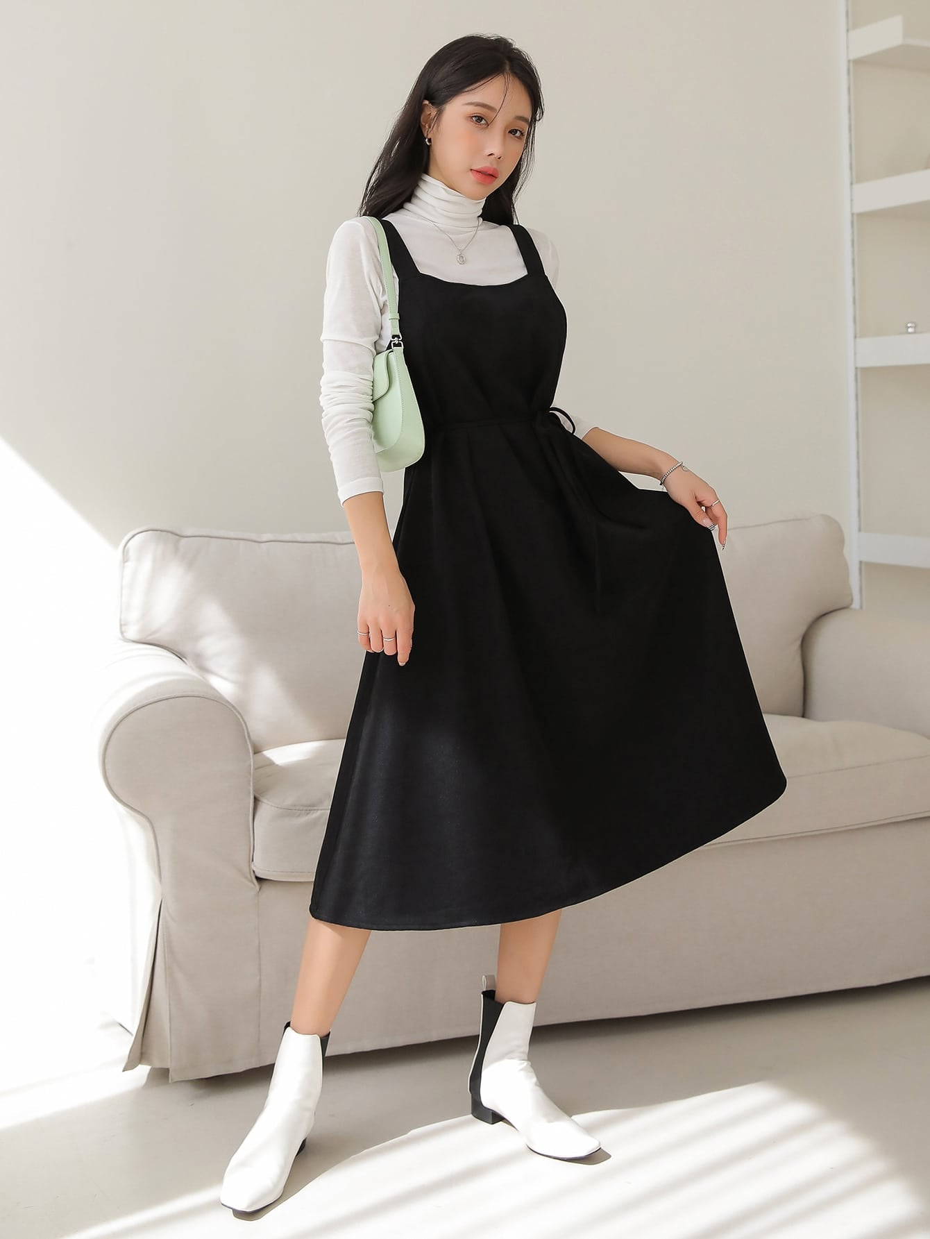 Solid Belted Overall Dress Without Top