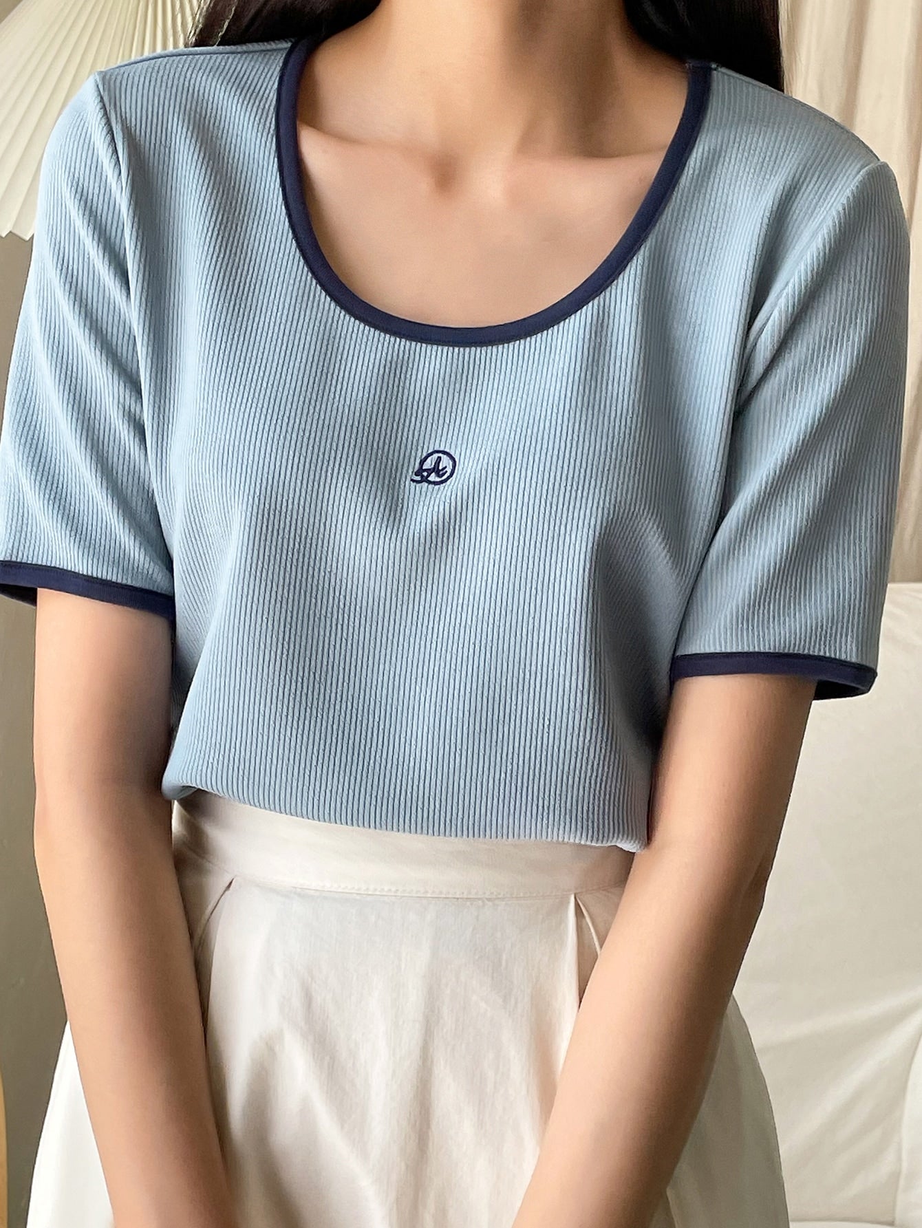 Letter Embroidery Rib-knit Contrast Binding Tee