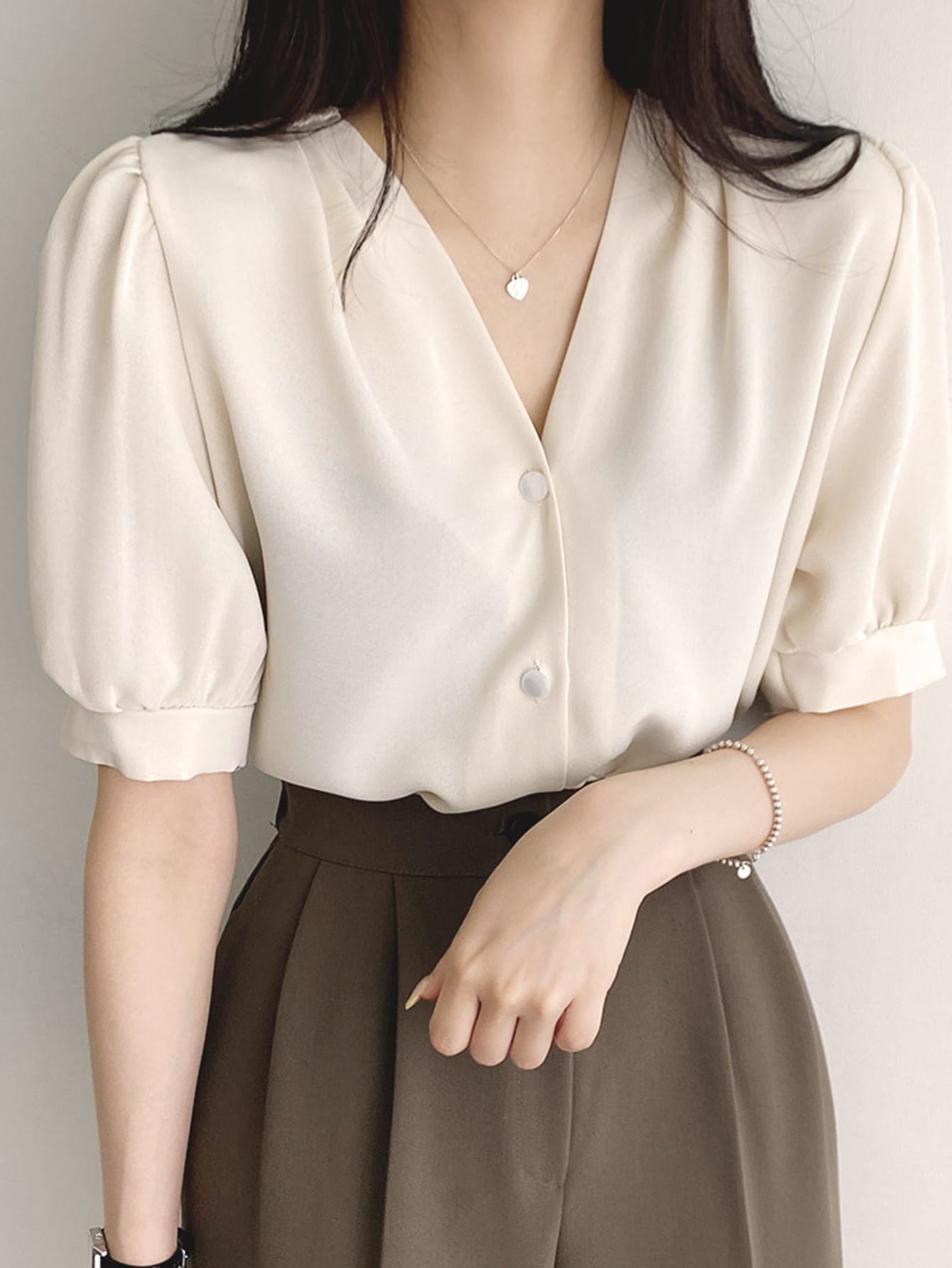 Solid Button Front Puff Sleeve Blouse