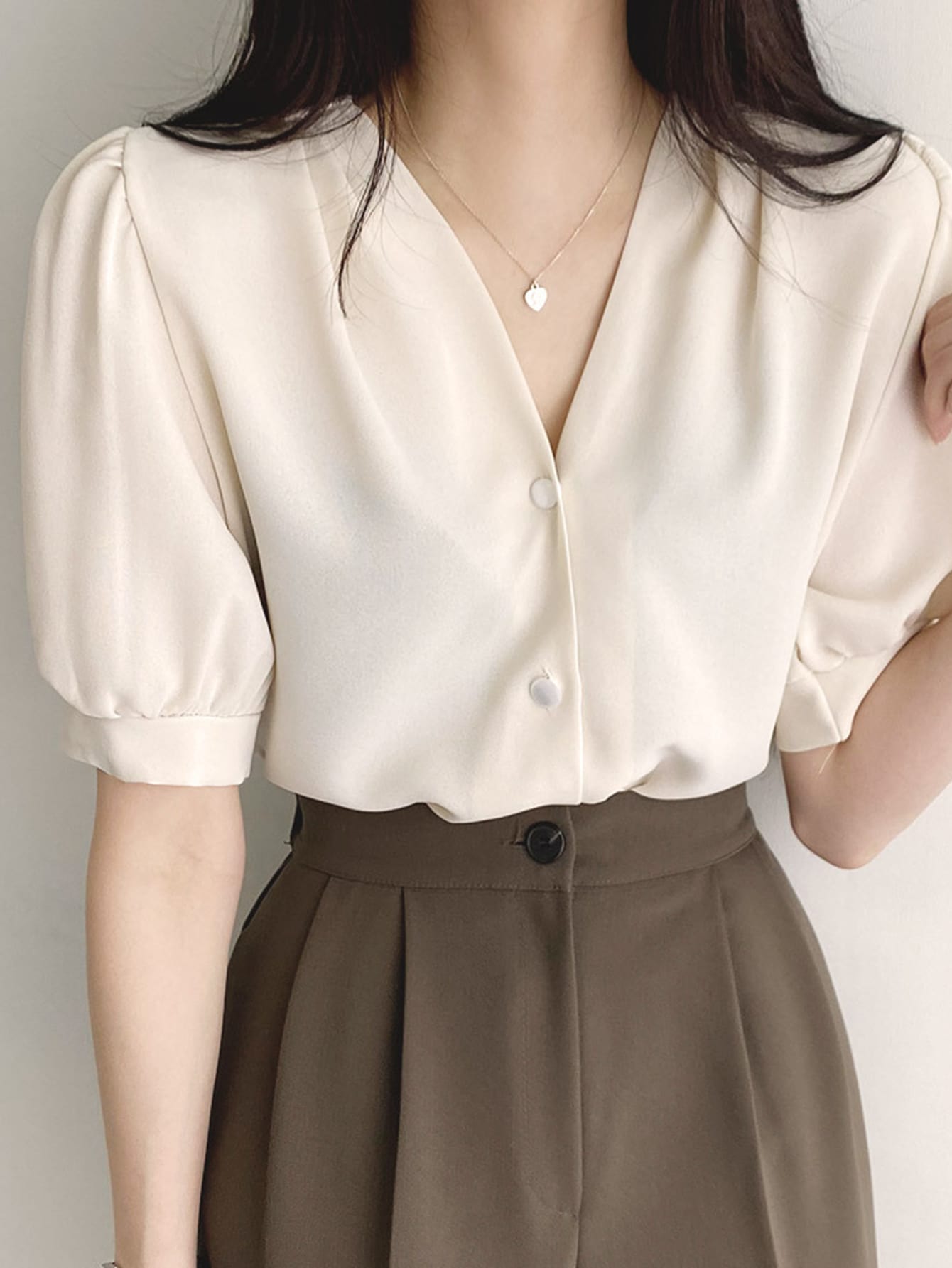 Solid Button Front Puff Sleeve Blouse