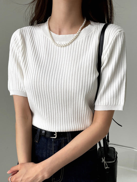 Solid Round Neck Ribbed Knit Top
