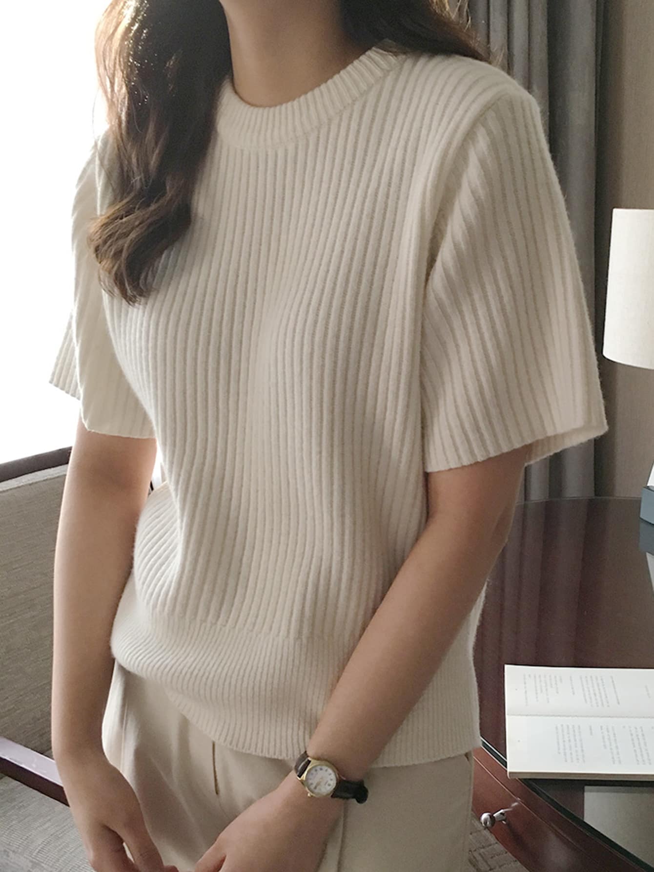 Solid Round Neck Ribbed Knit Top