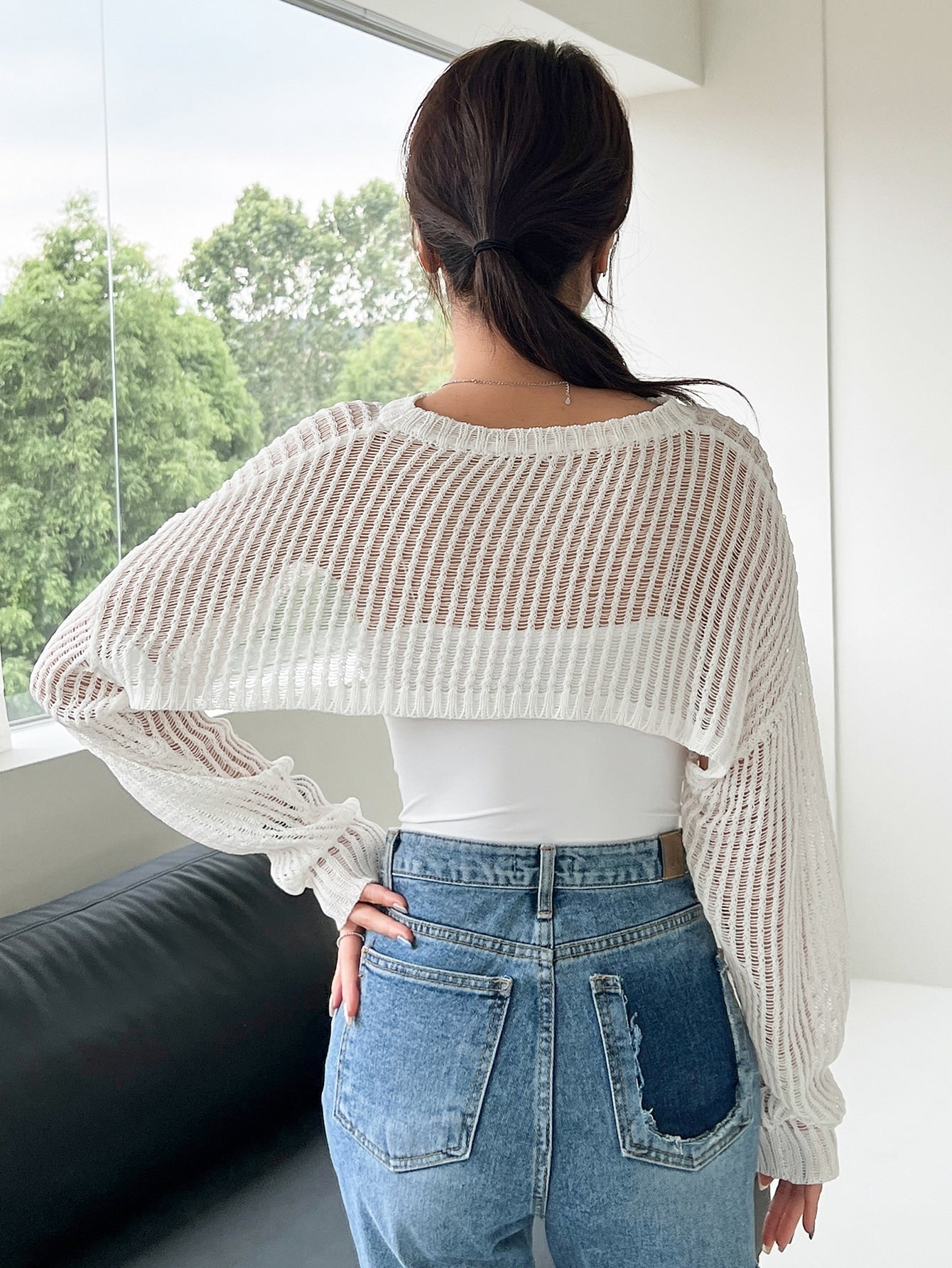 Open Knit Drop Shoulder Super Crop Sweater Without Camisole