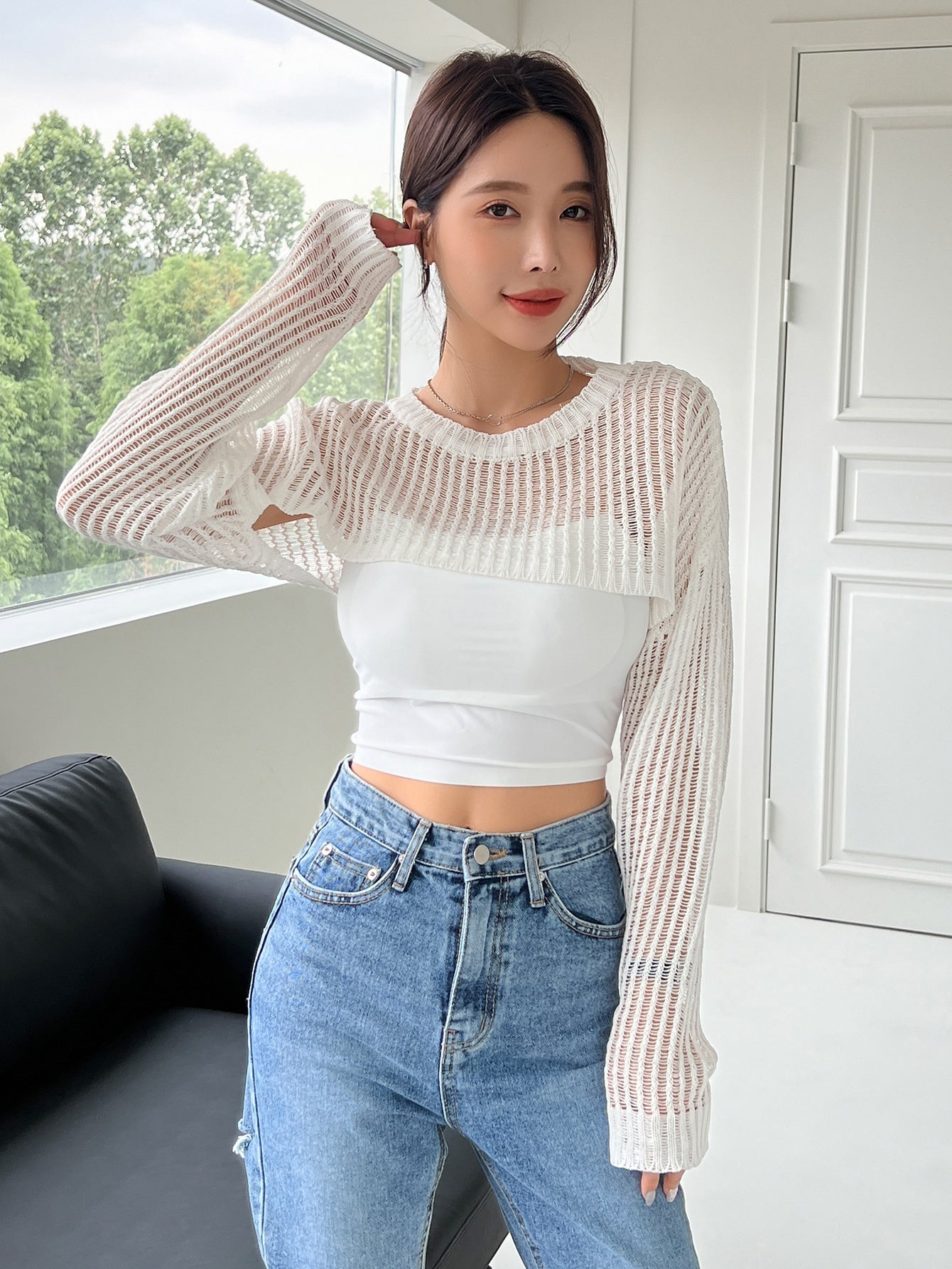 Open Knit Drop Shoulder Super Crop Sweater Without Camisole