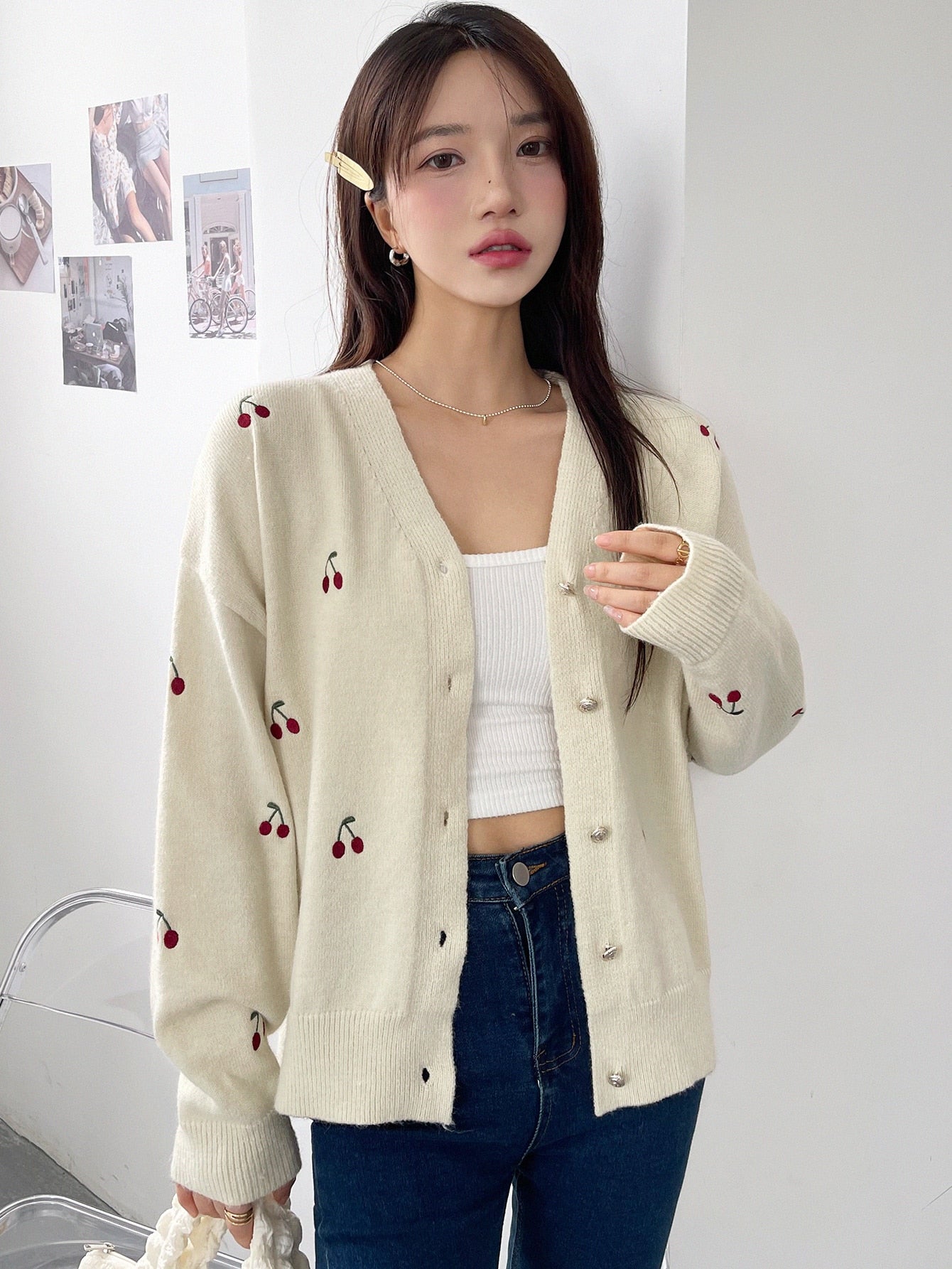 Cherry Embroidery Drop Shoulder Cardigan
