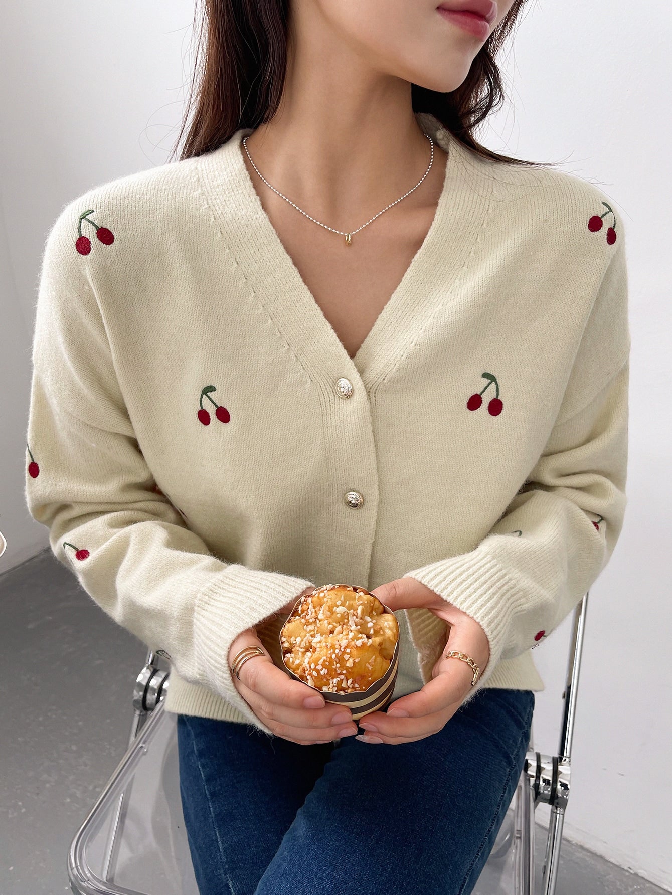 Cherry Embroidery Drop Shoulder Cardigan